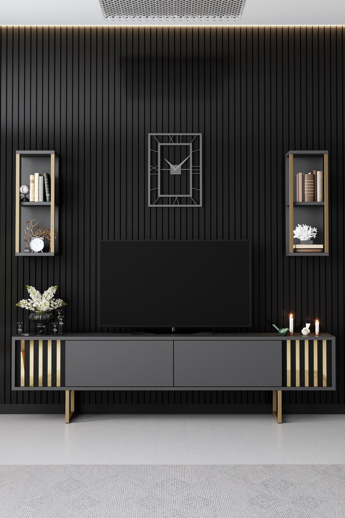 Gold Line TV cabinet Wood veneer Anthracite Black