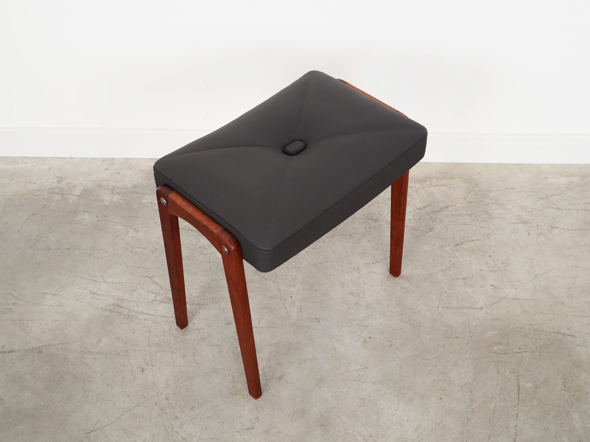Vintage stool Teak wood Leather Black 1970s