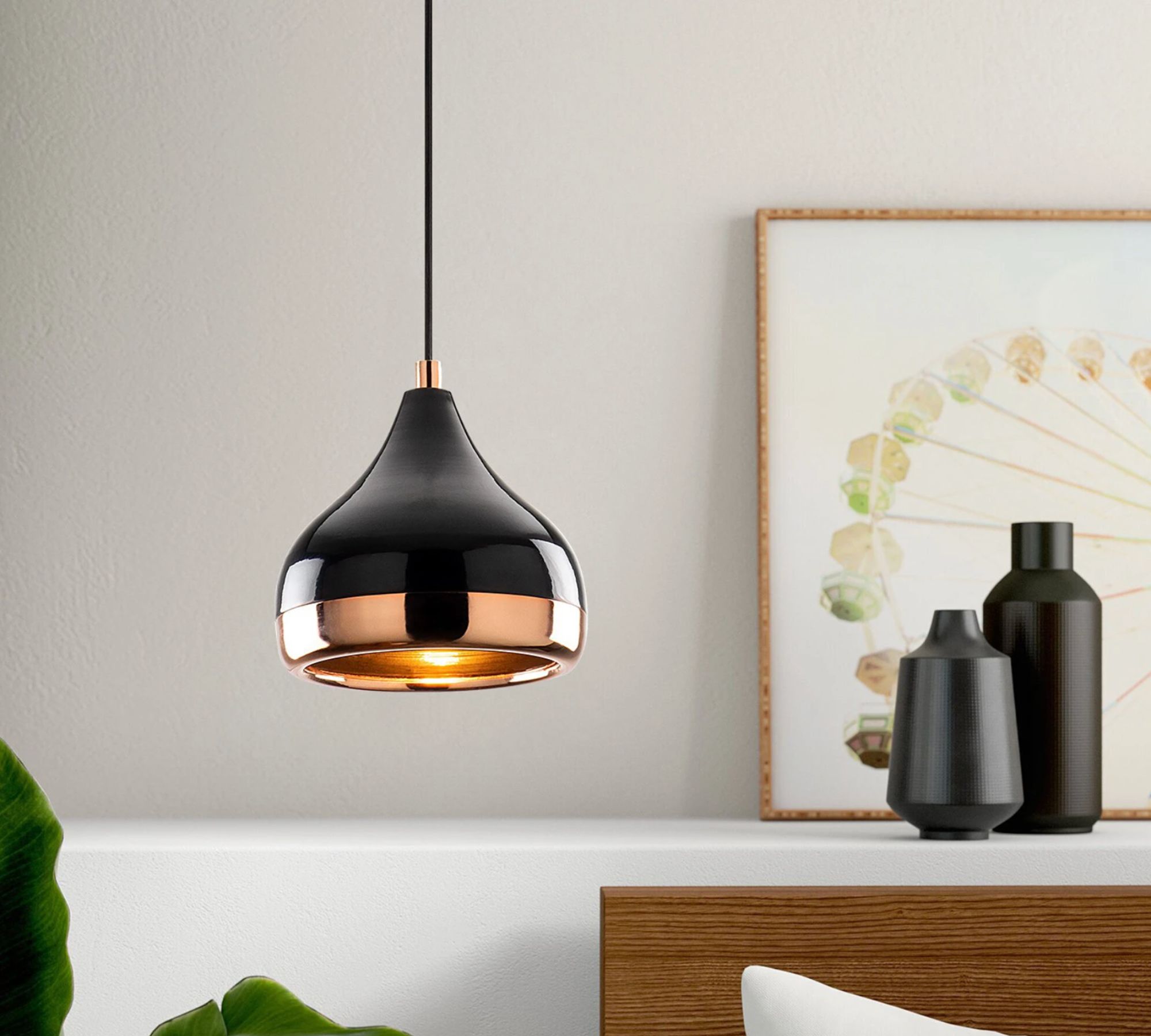 Pendelleuchte 1-flammig Glas Metall Schwarz Gold