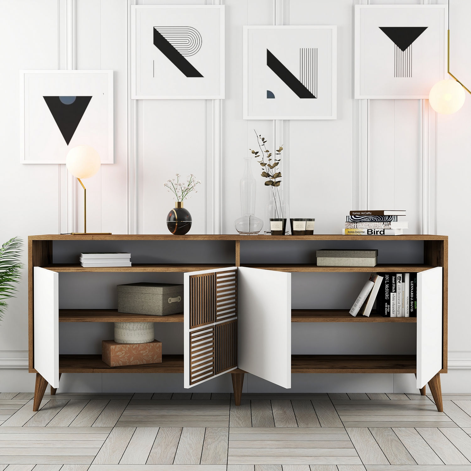 Milan Sideboard Walnussbraun Weiß 180cm