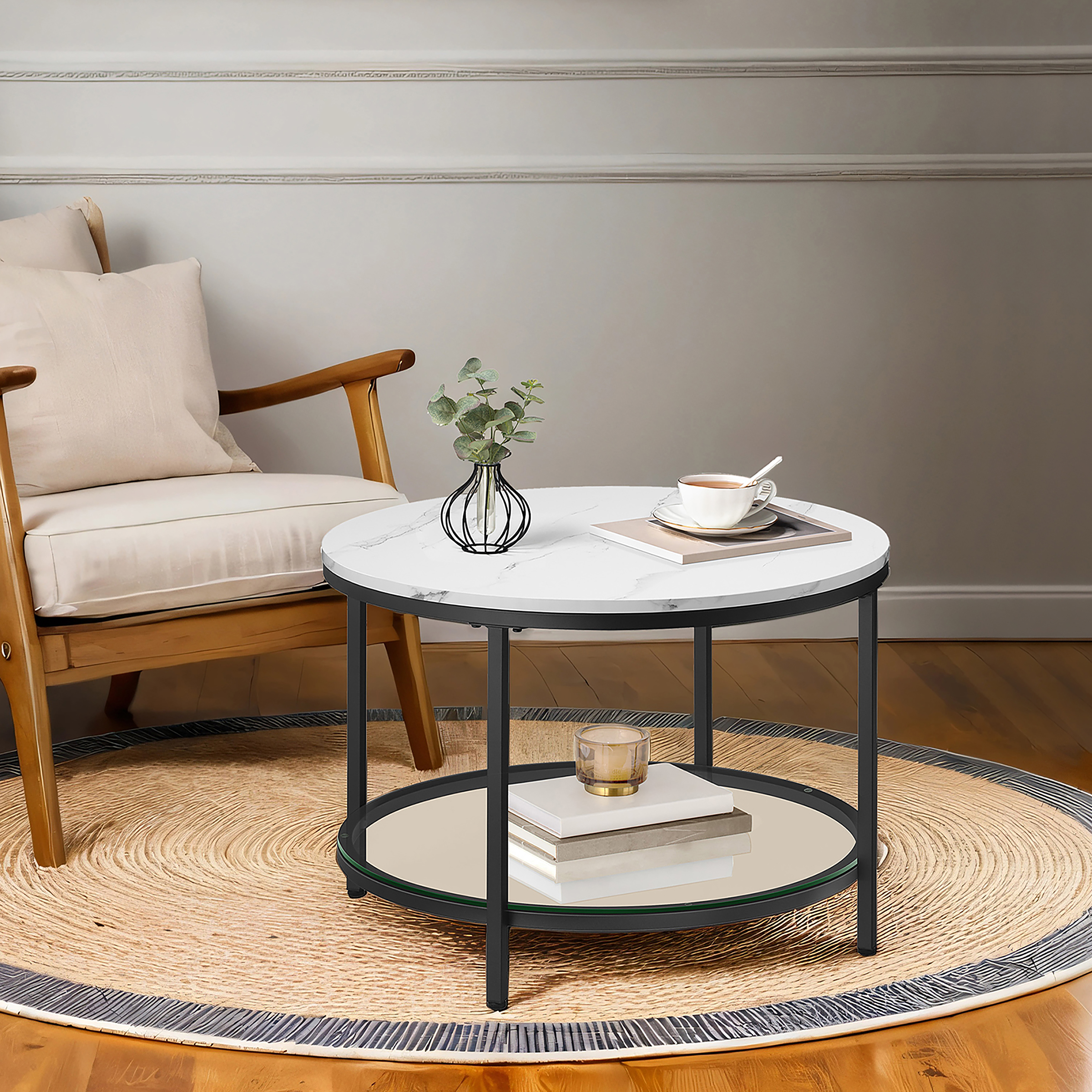 Chongu Coffee Table Marble White Decor Black Ø65cm