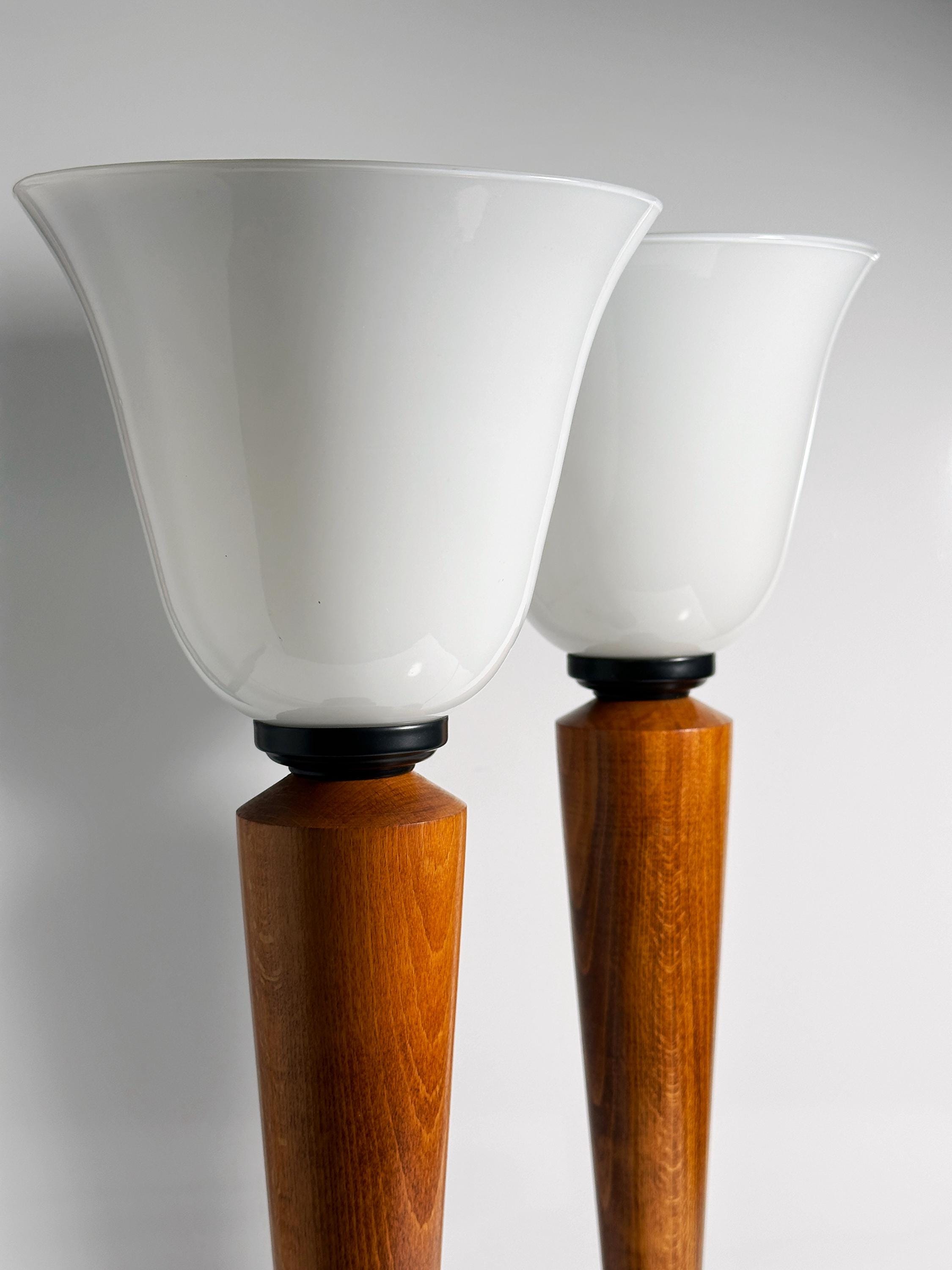 2x Vintage Art Deco Tischlampe Milchglas Holz 1980er Jahre