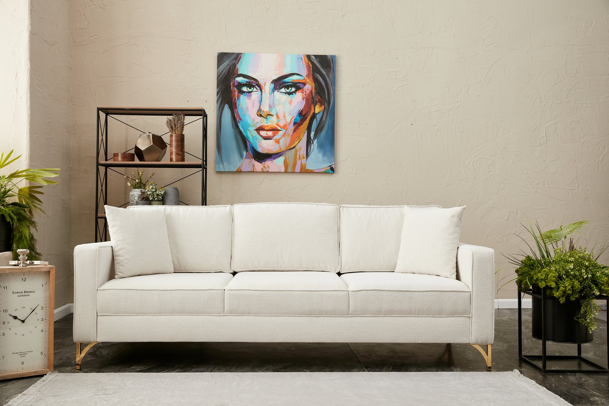 Lima Sofa 3-Sitzer Creme mit goldenen Beinen