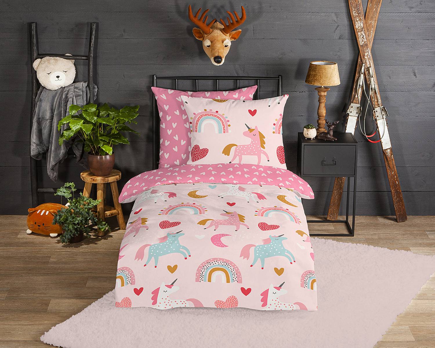 Unicorn Biber-Bettwäsche Baumwolle 135x200cm Kissen 80x80cm