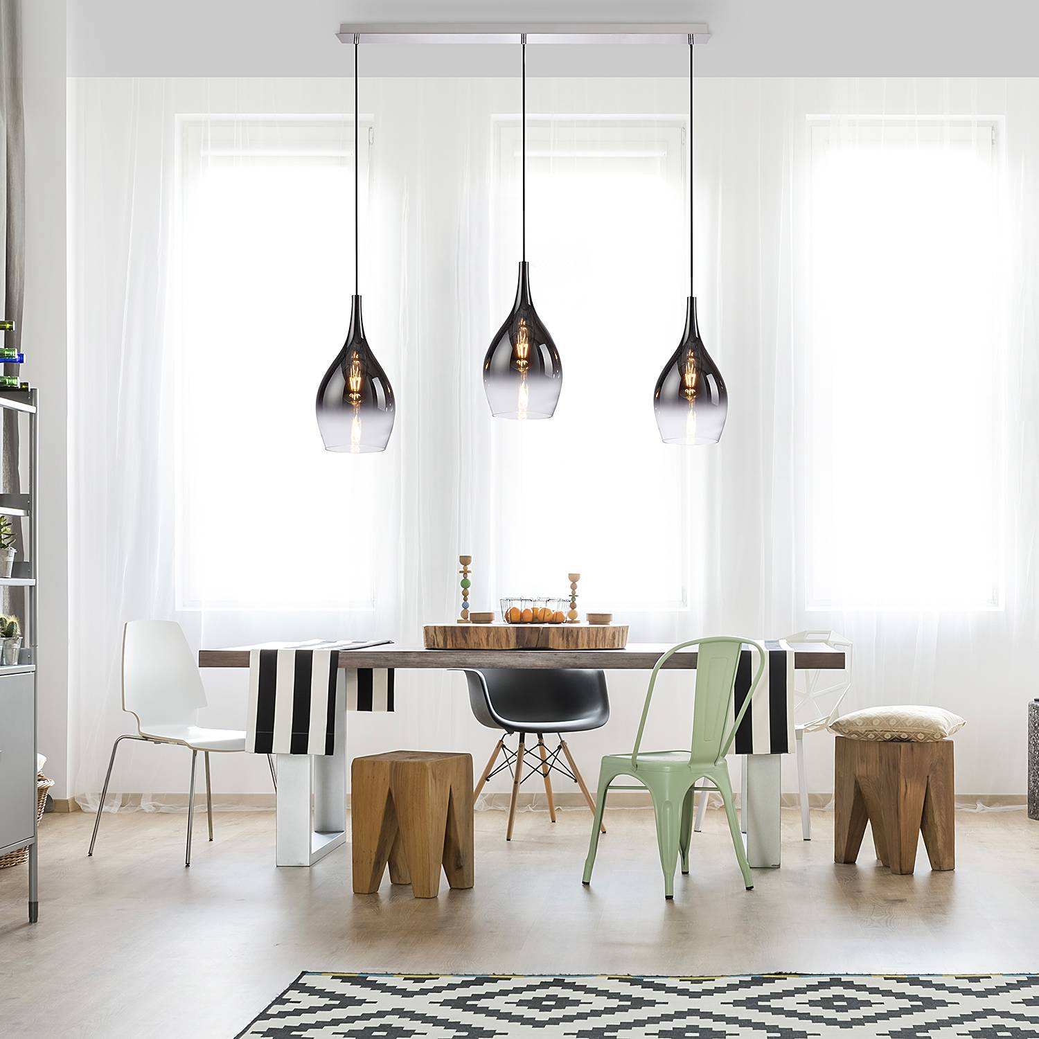 3-Arm Pendant Lamp Pilua Colored Glass Silver Grey