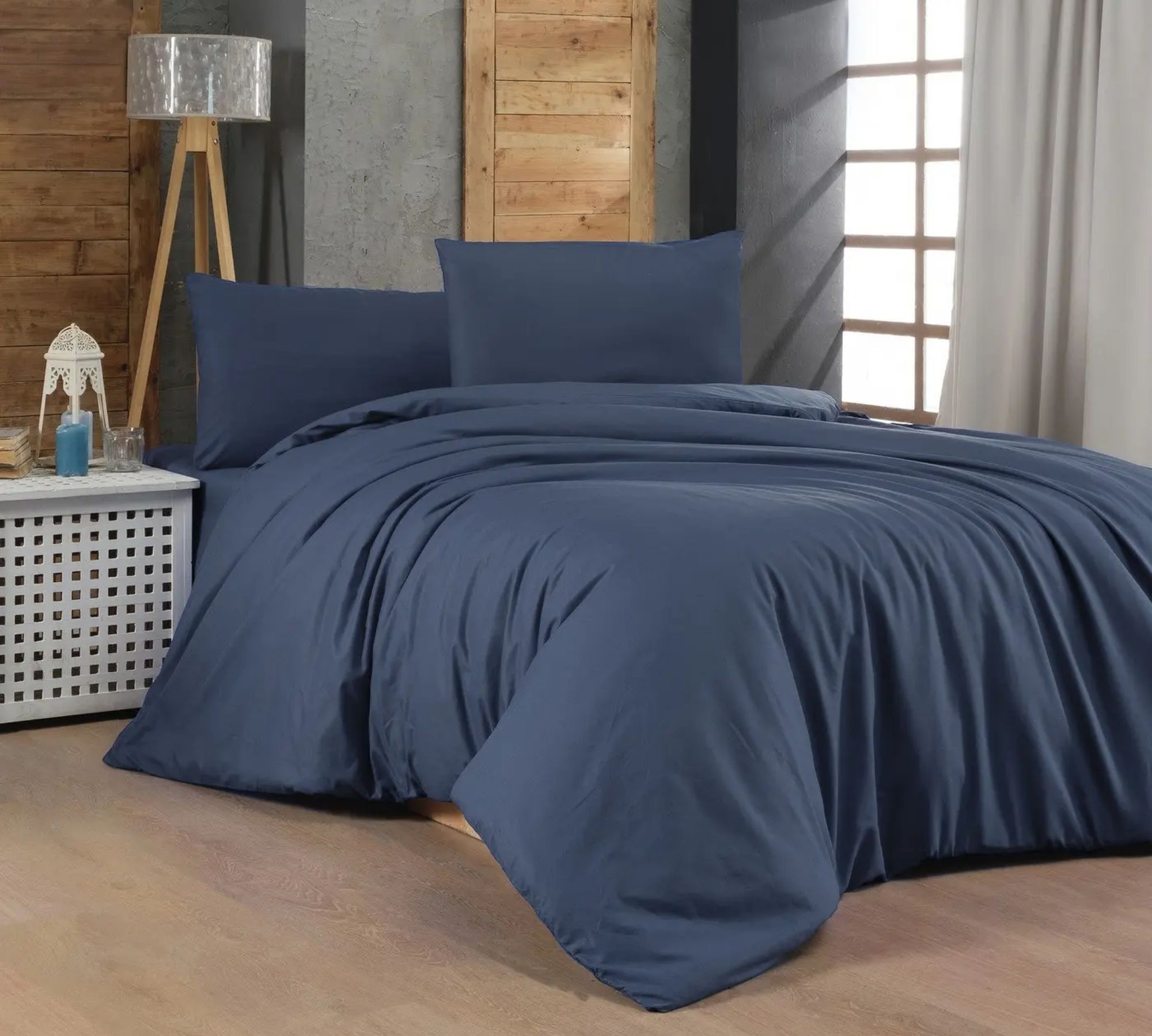 Bed & Pillowcase Cotton Dark Blue 135 x 200