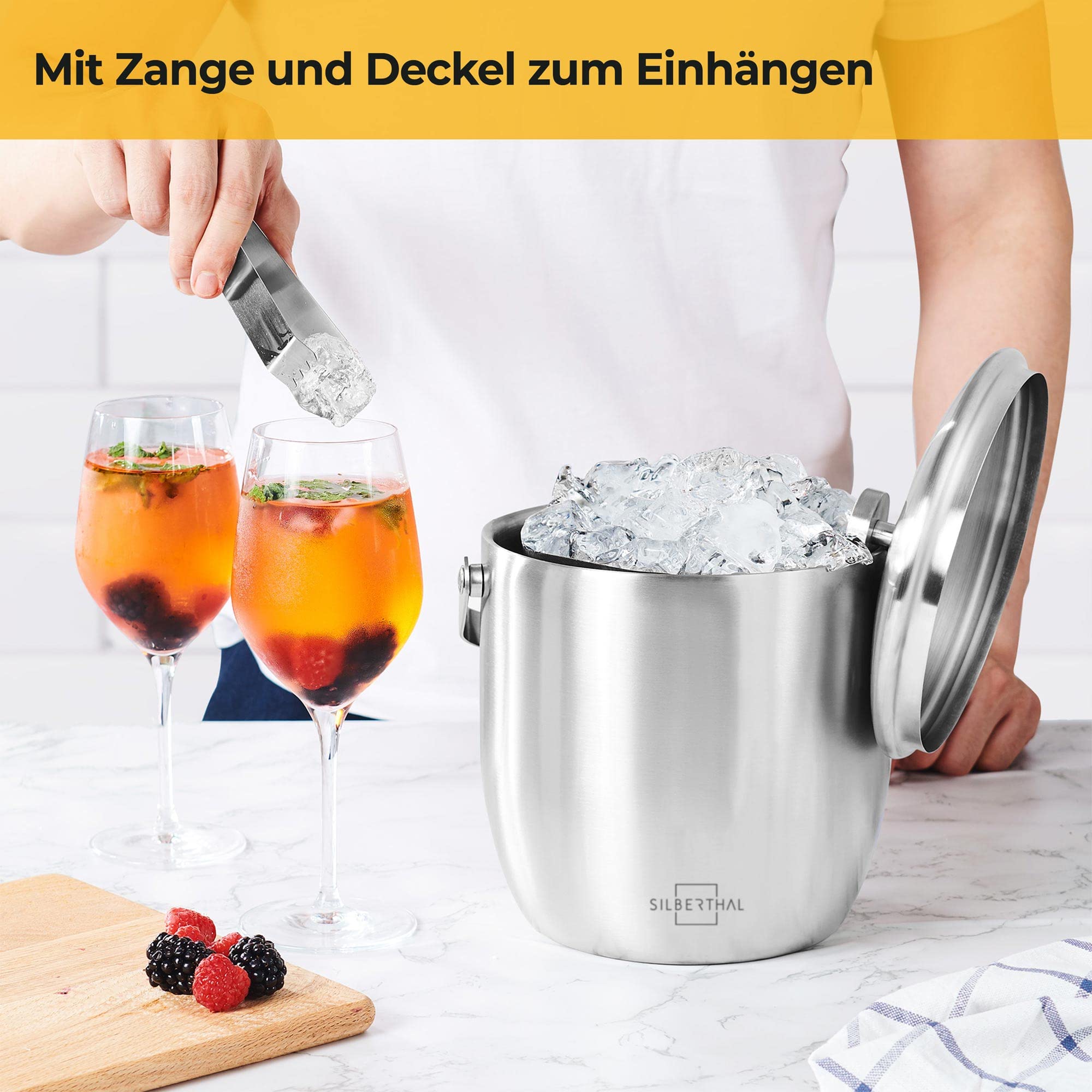 Eiskübel mit Deckel und Zange Groß Edelstahl 3L