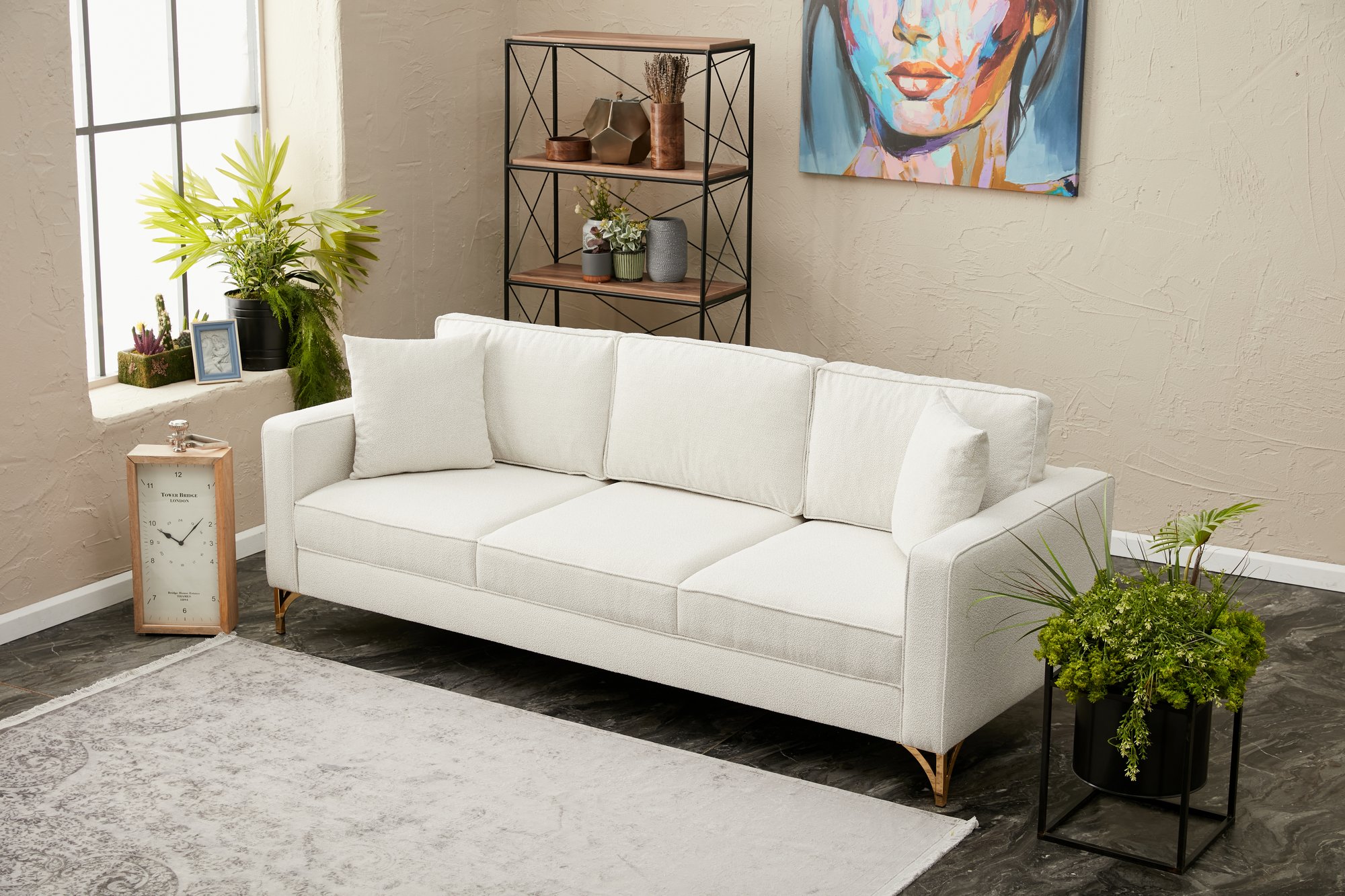 Lima Sofa 3-Sitzer Creme mit goldenen Beinen