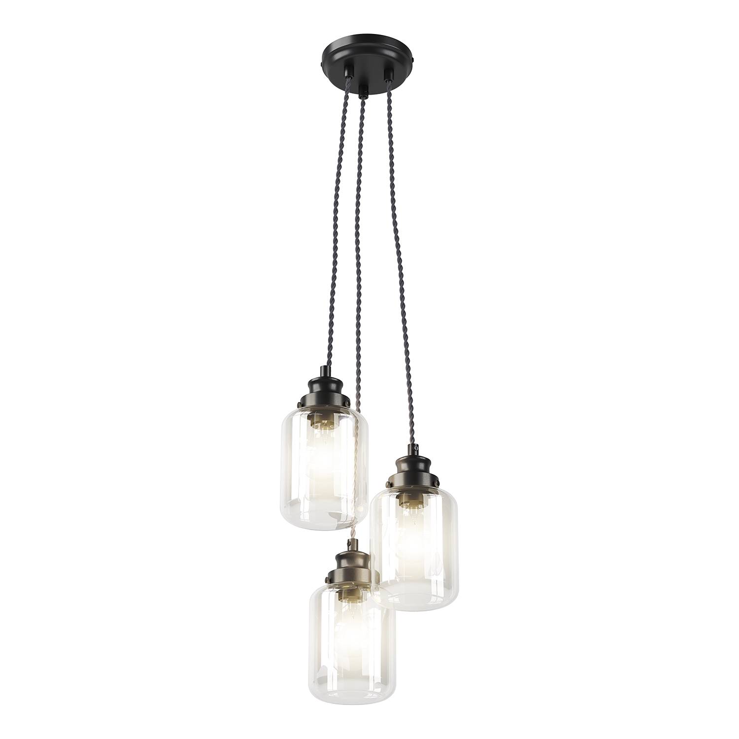 3-Flame Pendant Light Ferna Iron Clear Glass