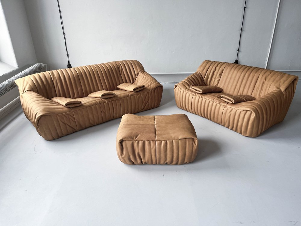 Vintage Annie Hiéronimus Sandra Sofa-Set Leder Beige 5-tlg