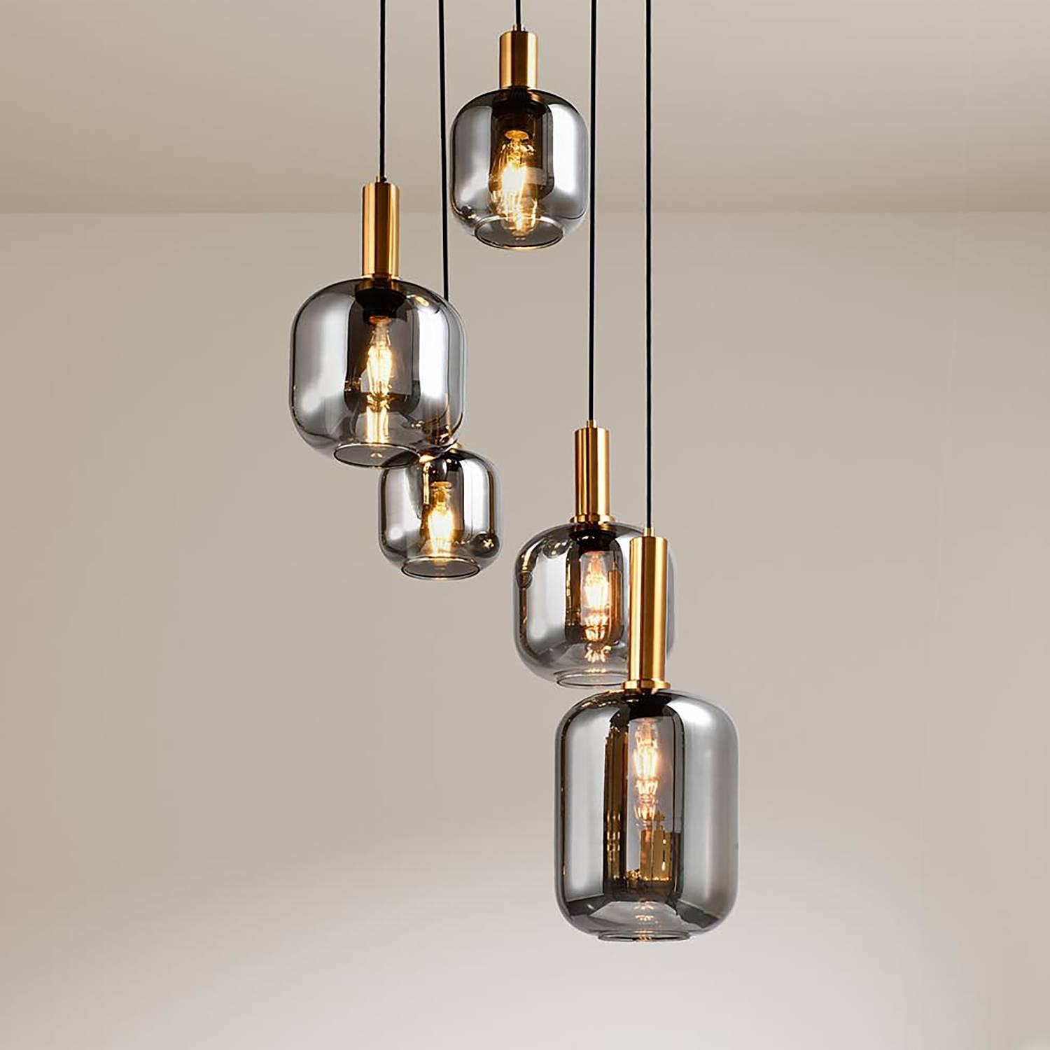 5-Flammig Pendelleuchte Fumo Eisen Schwarz Gold