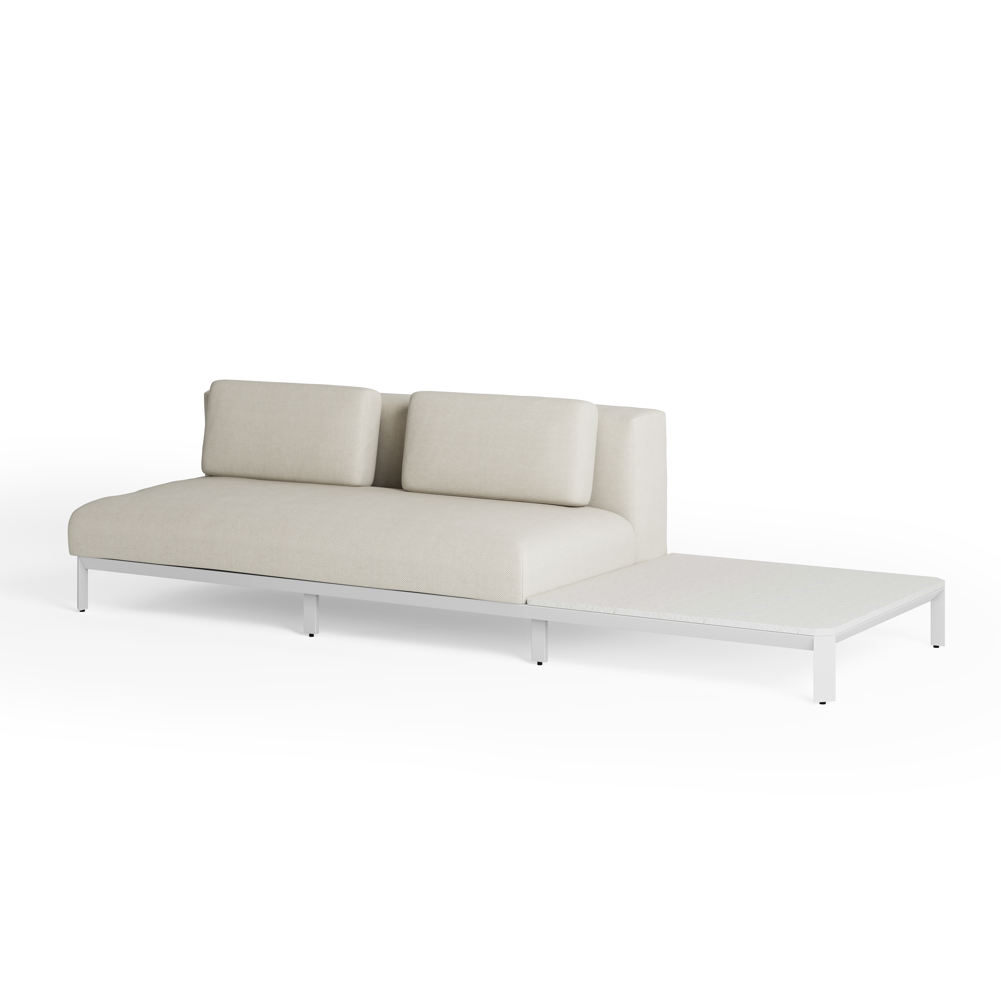 MAUROO Sofa Lang mit Tischgestell Keramik Weiß Kissen Leinen