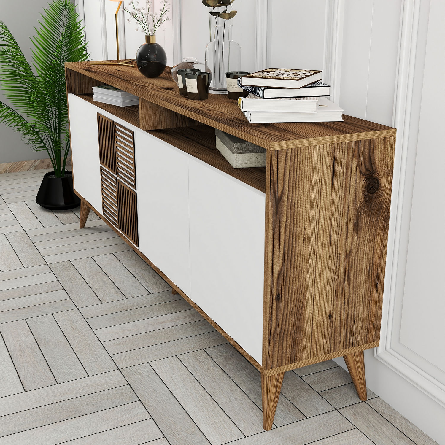 Milan Sideboard Walnussbraun Weiß 180cm