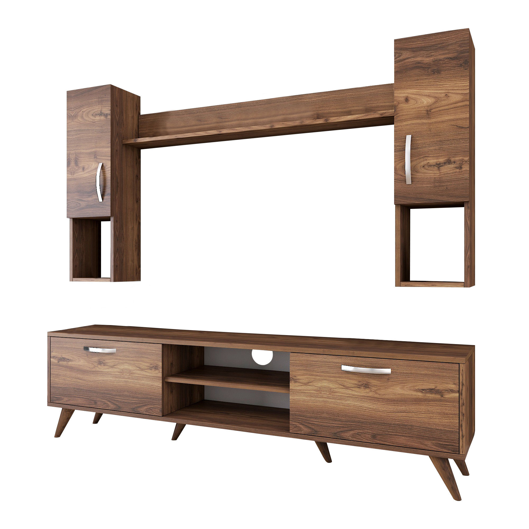 Lowboard with wall shelf with doors walnut brown