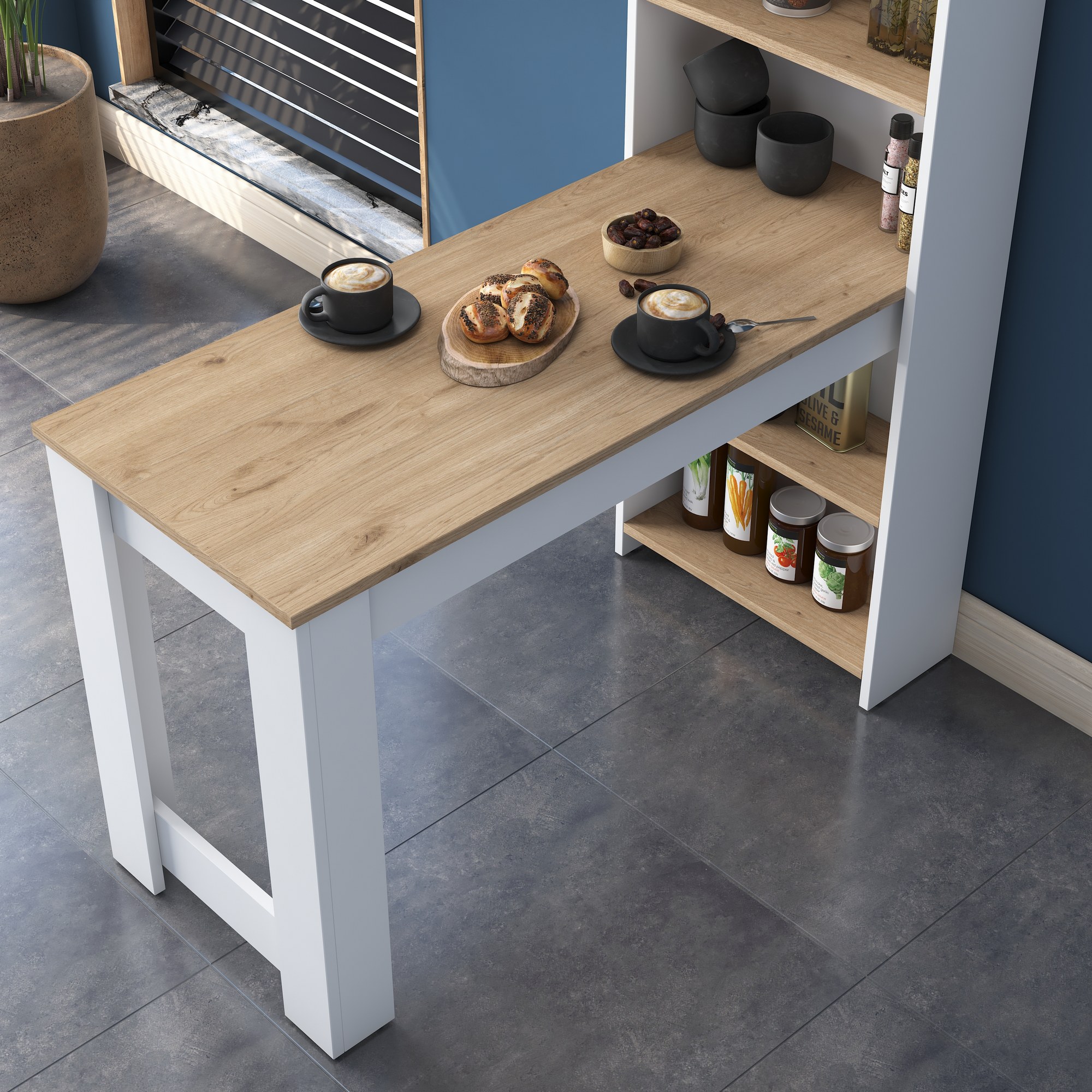 Tavolo da cucina con scaffale marrone noce bianco