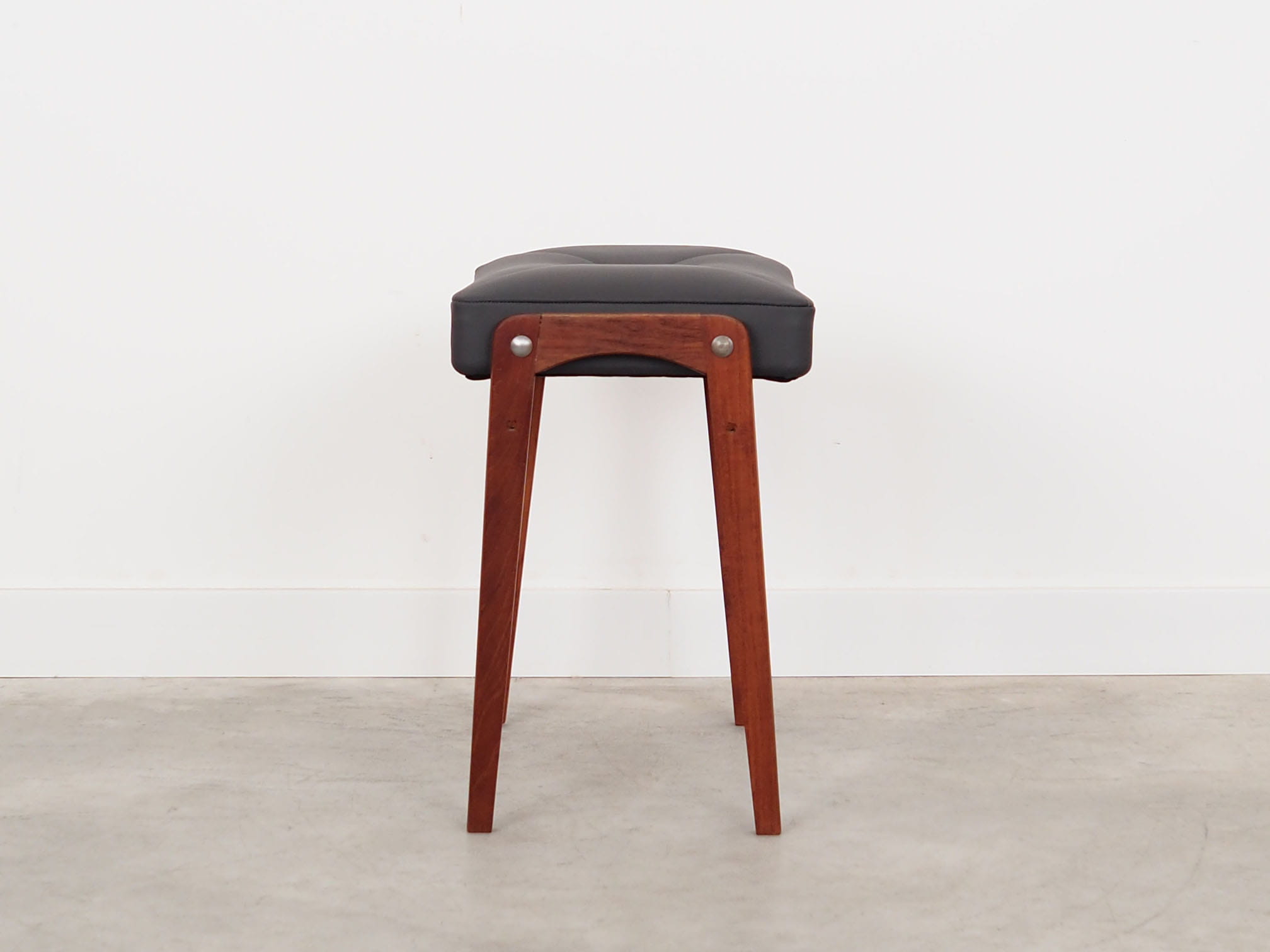 Vintage stool Teak wood Leather Black 1970s