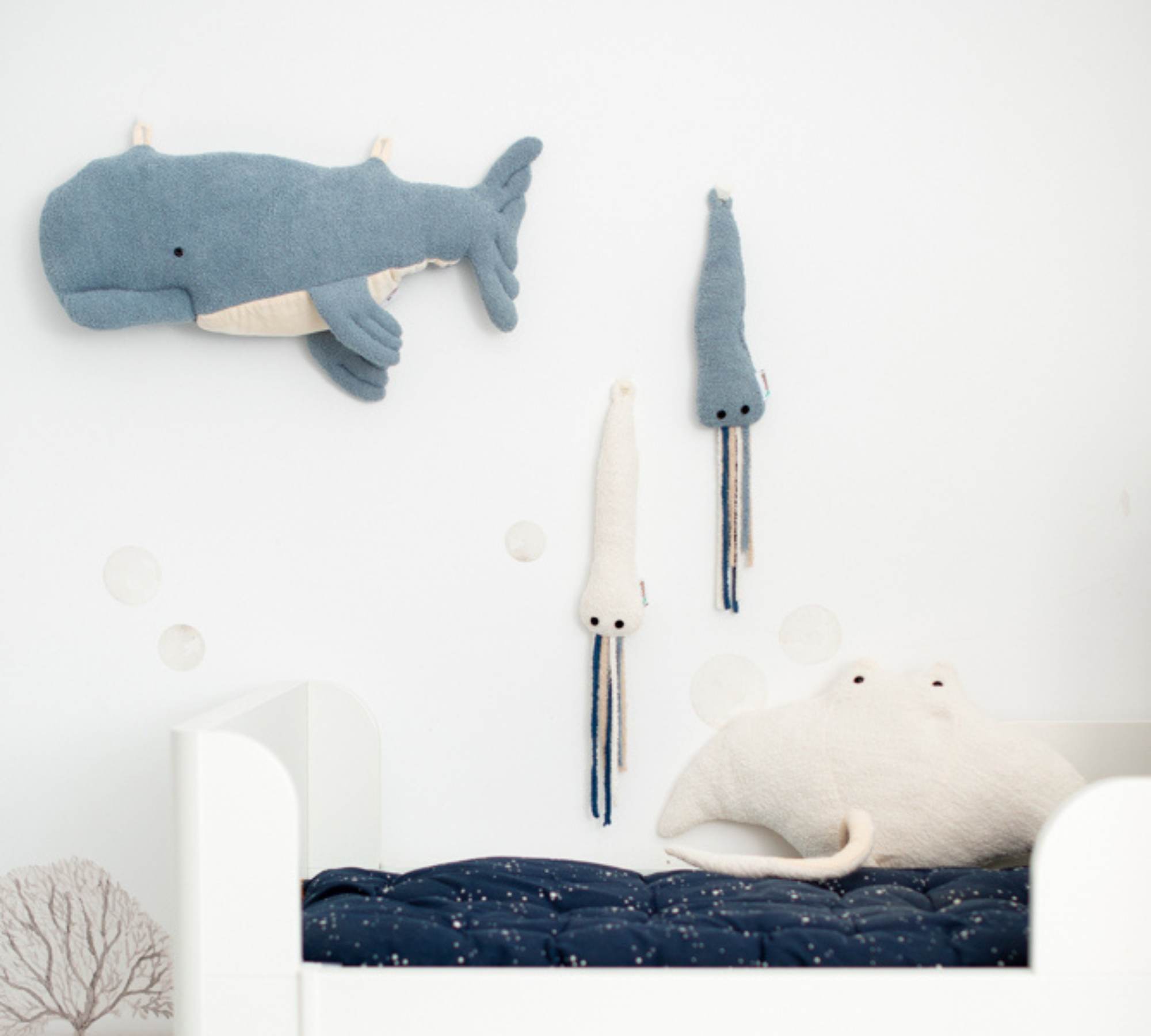 Mini Oktopus, Beluga Wal & Mantarochen Plüschtier Blau Weiß