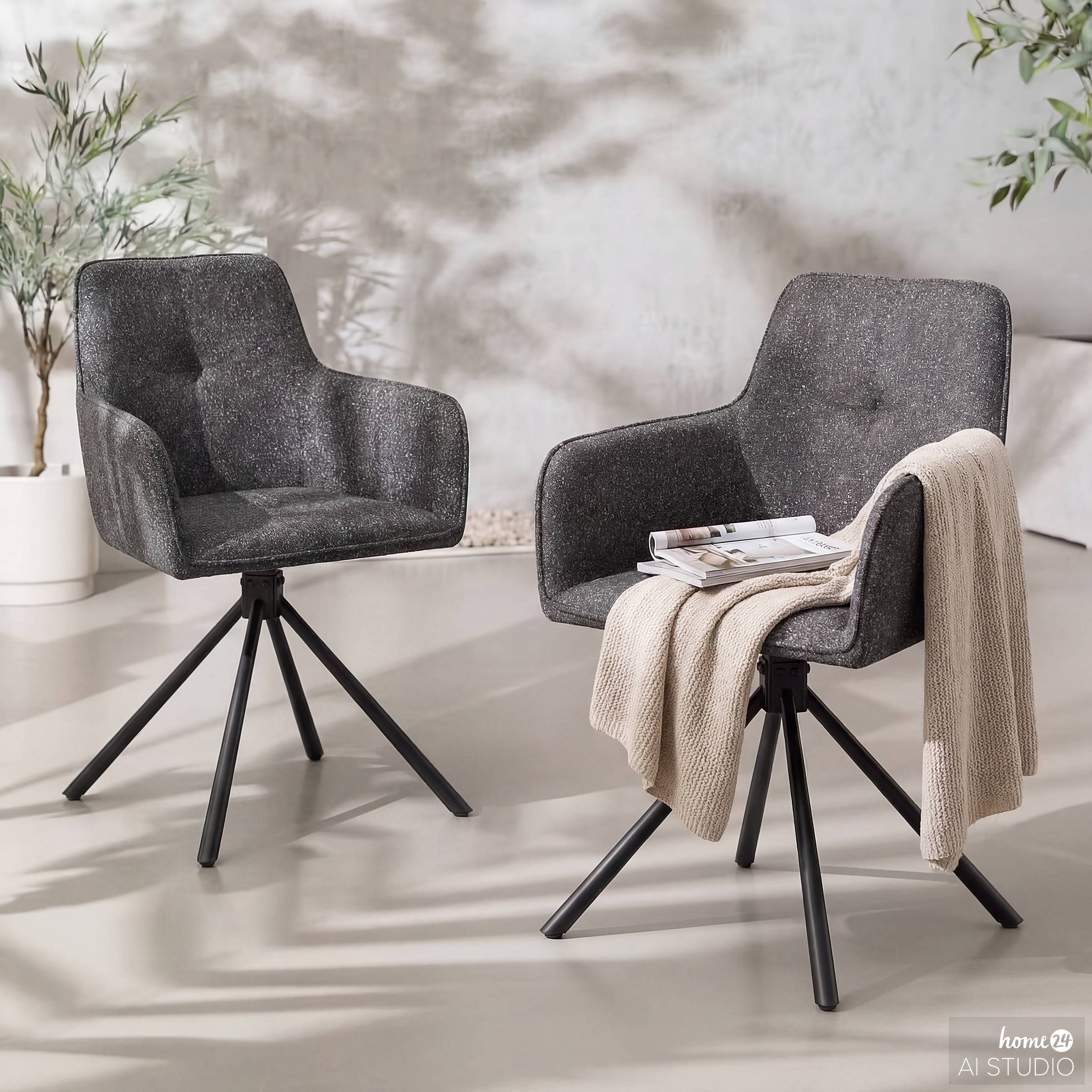 Garden chair Zenari set of 2 steel woven fabric black grey