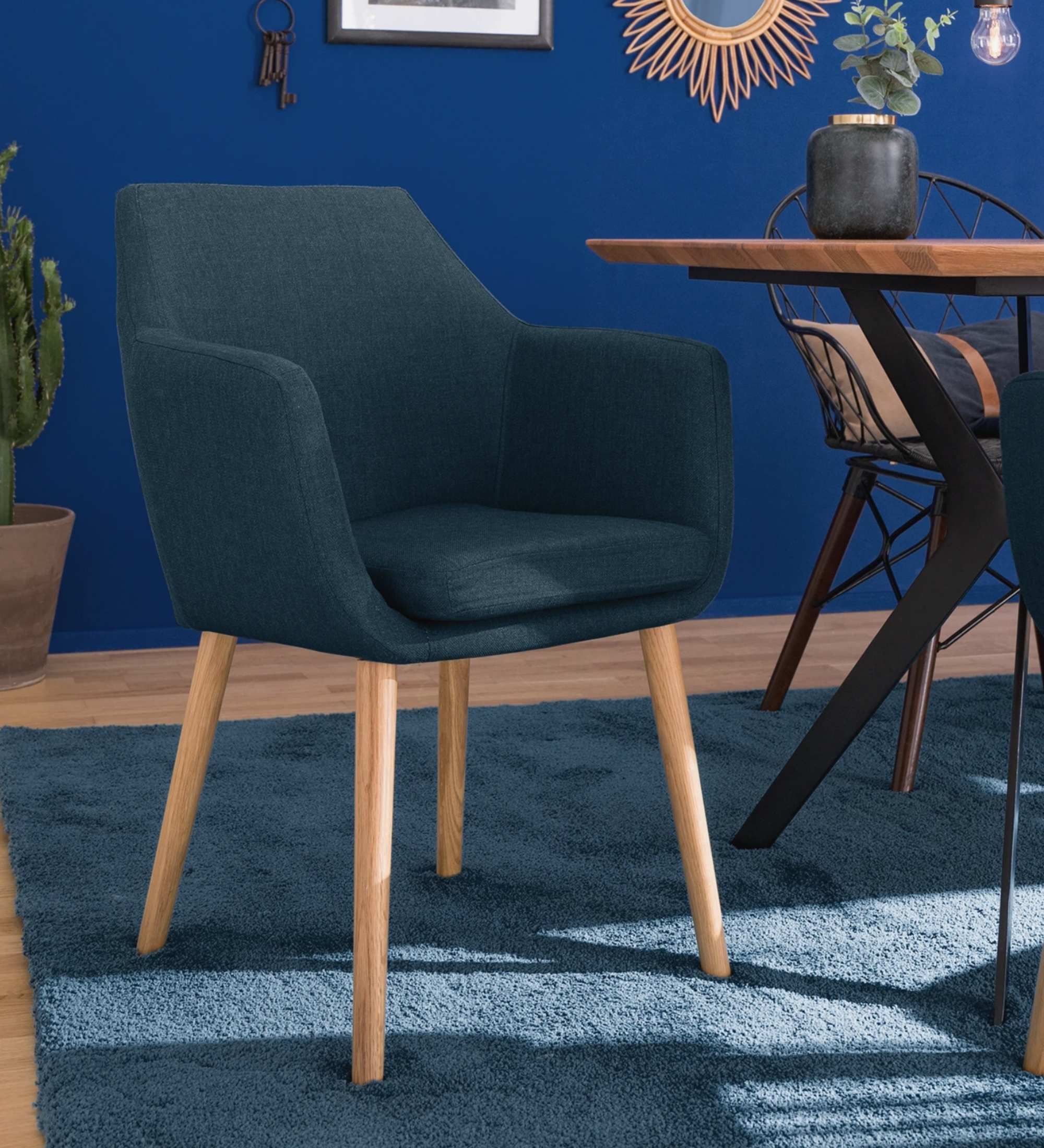 Armlehnstuhl Eiche Massiv Webstoff Jeansblau