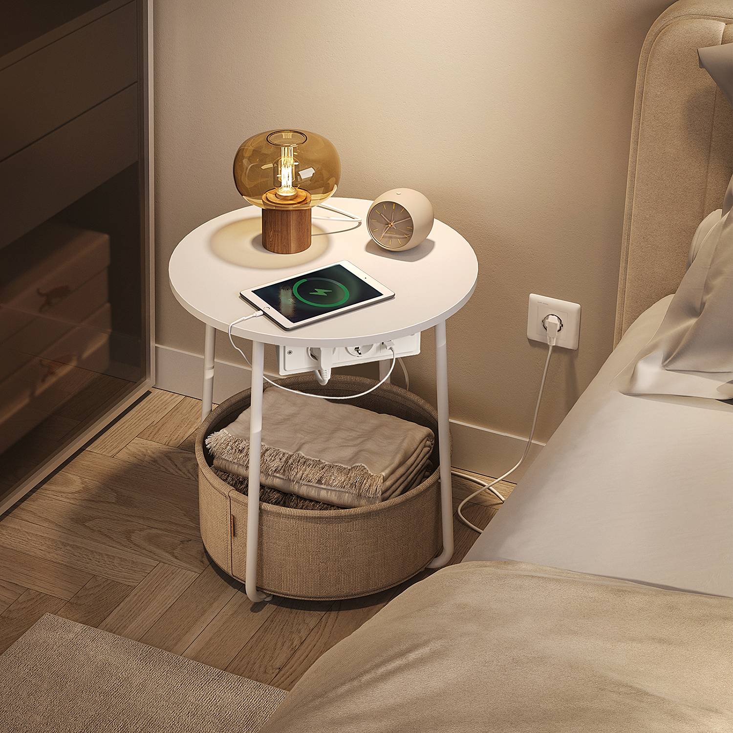 Beistelltisch Ponoka mit Steckdose Weiß Beige