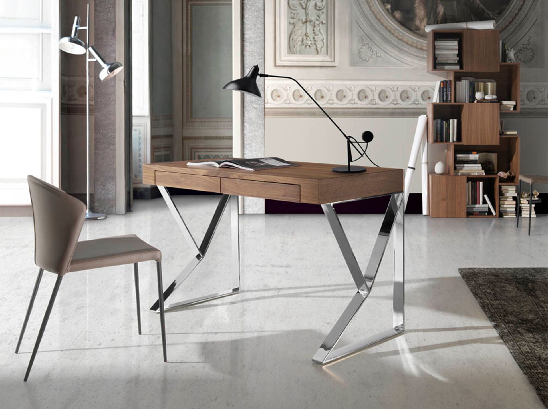 Desk Walnut veneer Chrome-plated steel