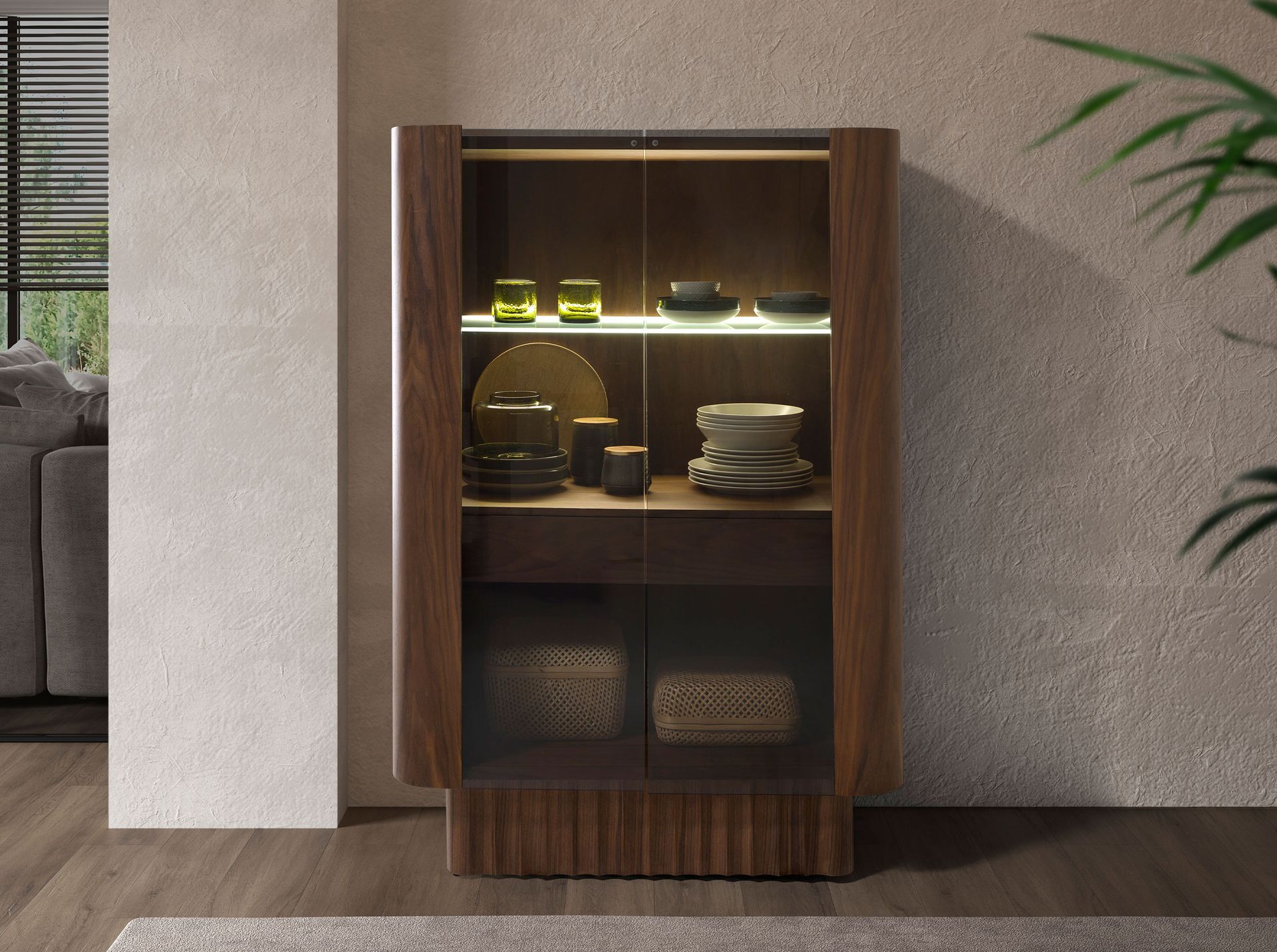 Sideboard aus Glas und Walnuss 3273
