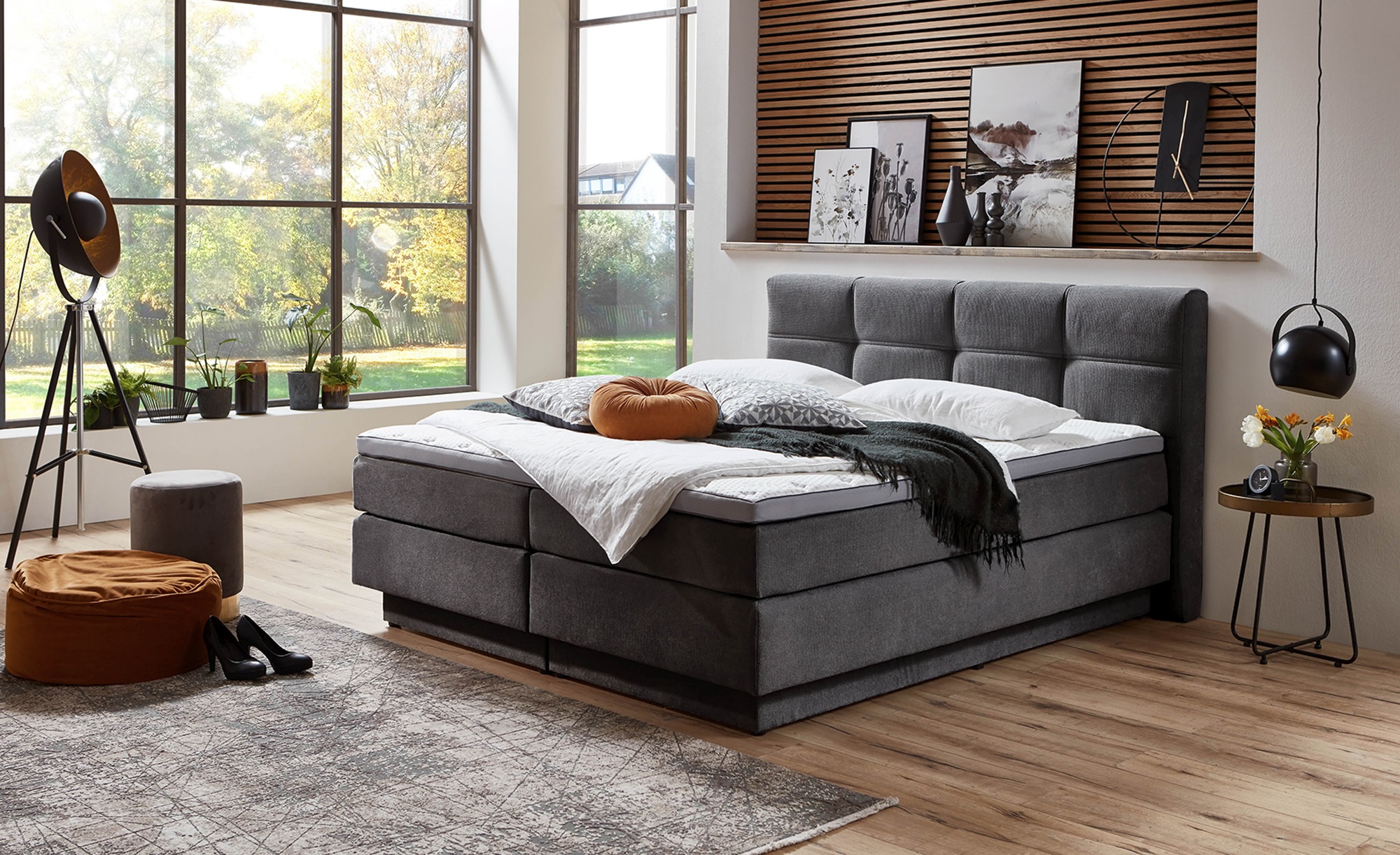 Chicago Boxspringbett mit Bettkasten & Topper Grau