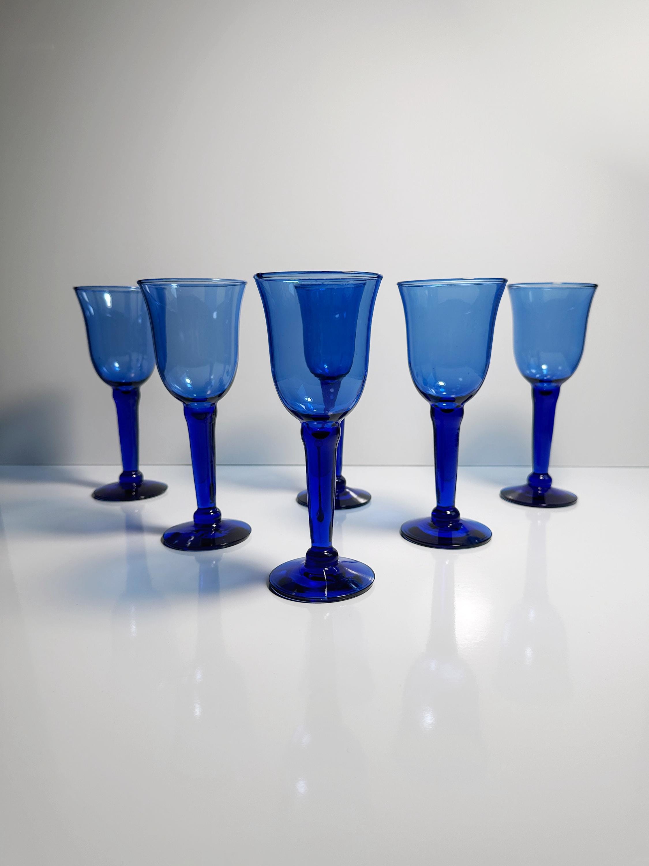 6x Vintage Postmodern Glas Blau 1990er Jahre