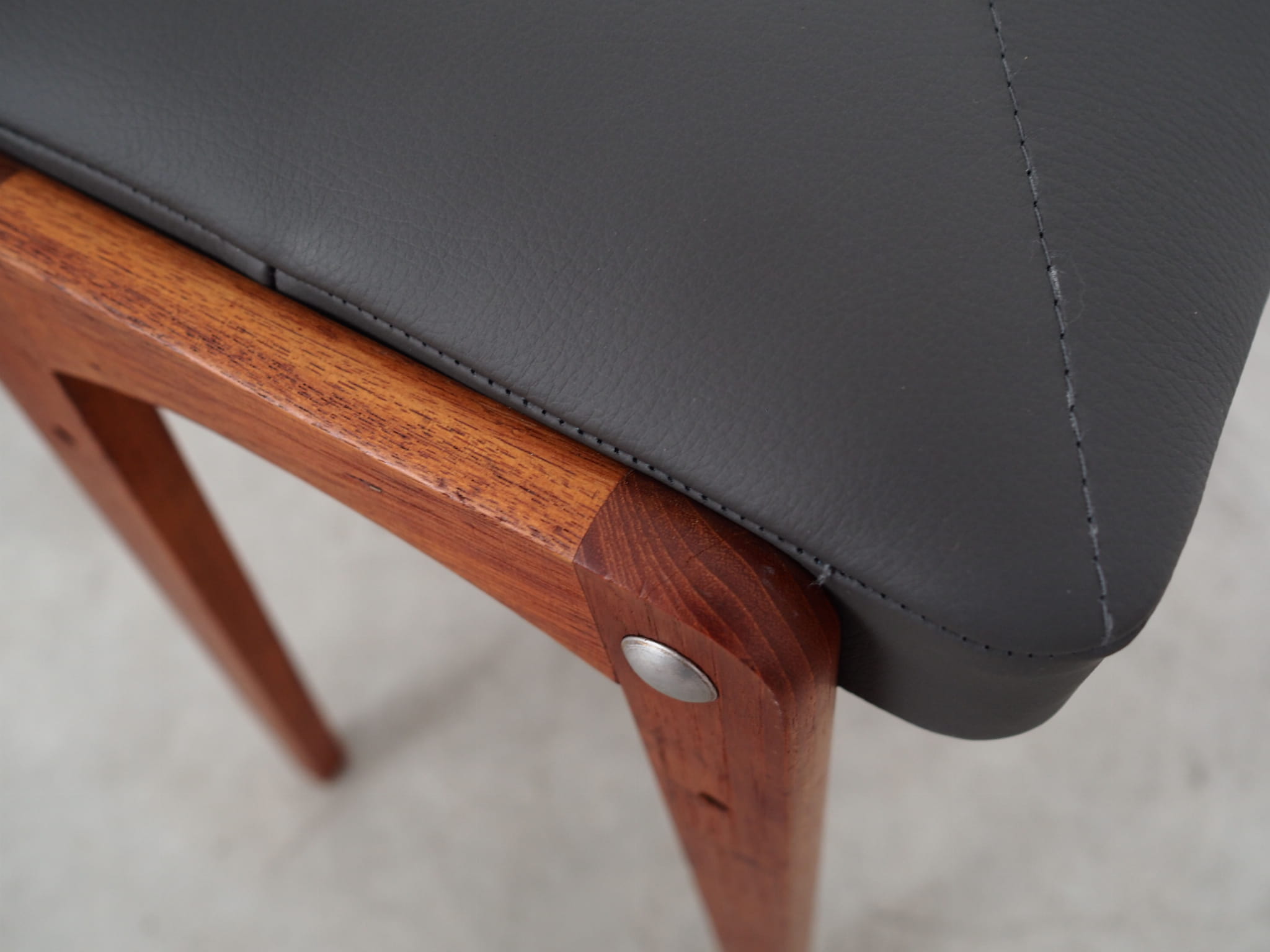 Vintage stool Teak wood Leather Black 1970s