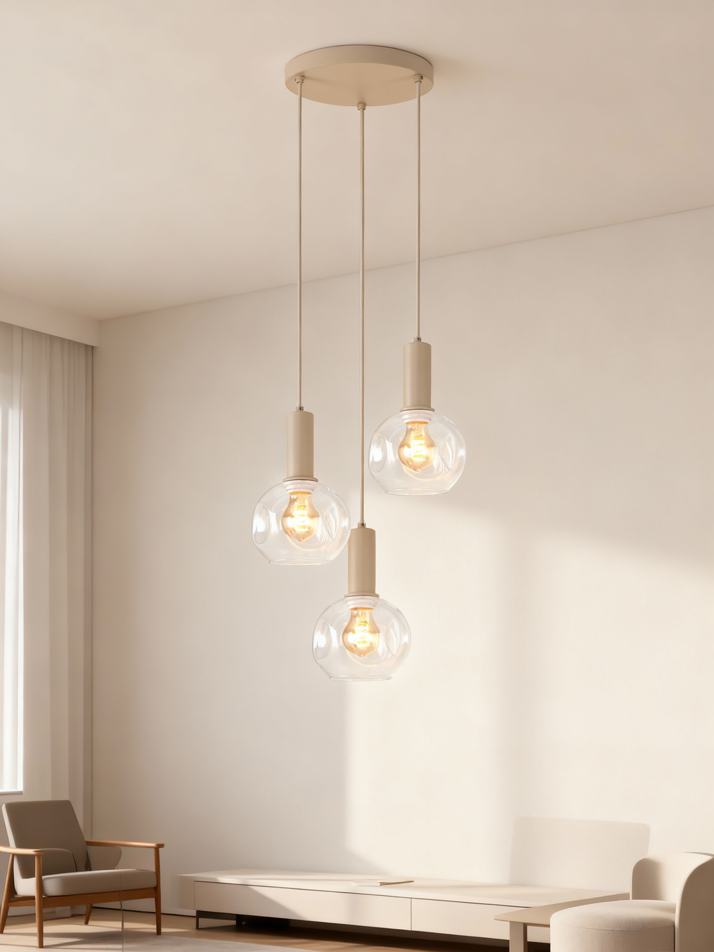 3-Flammig Bilman Pendelleuchte Gusseisen Klarglas Beige