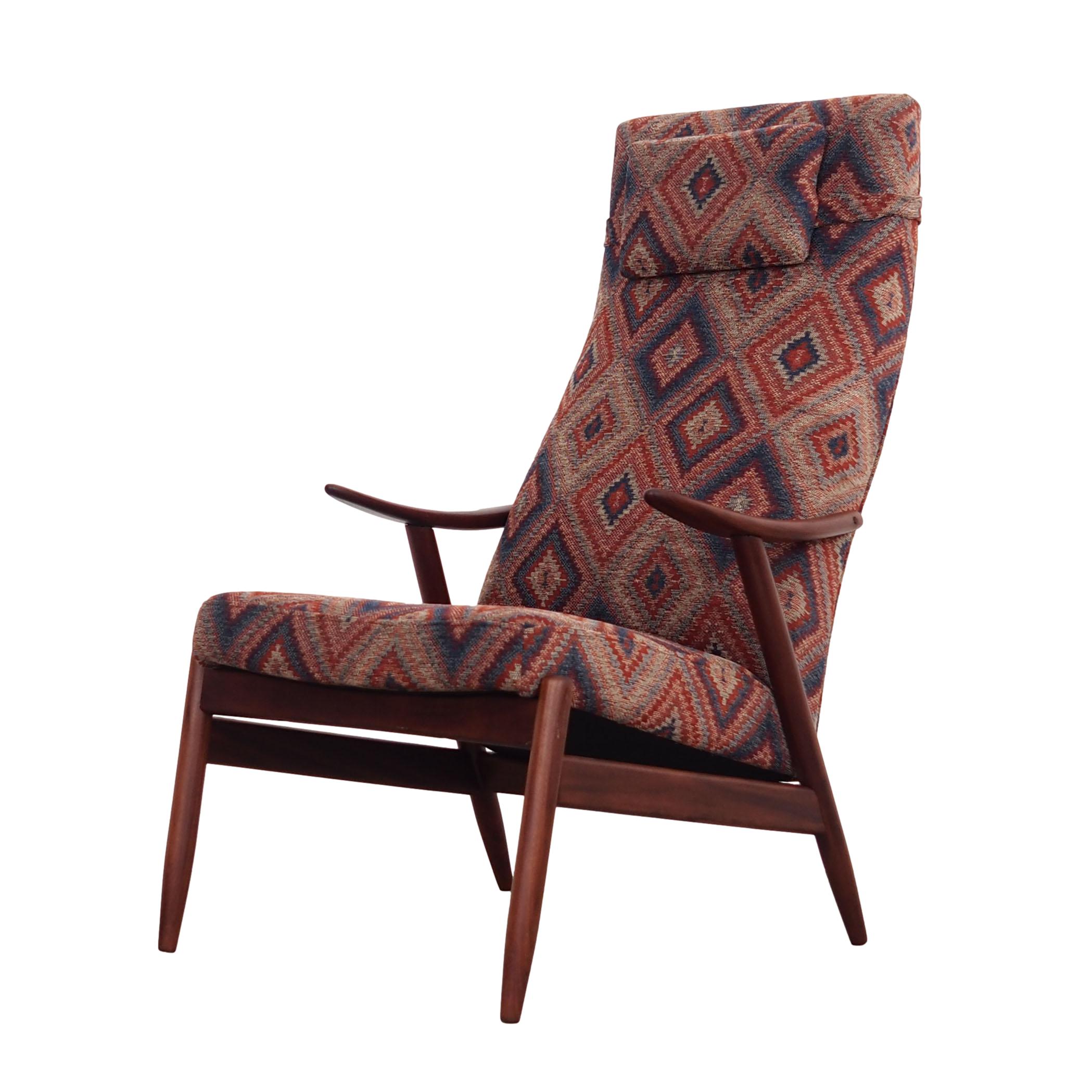 Sedia vintage in teak e tessuto multicolore, anni '70