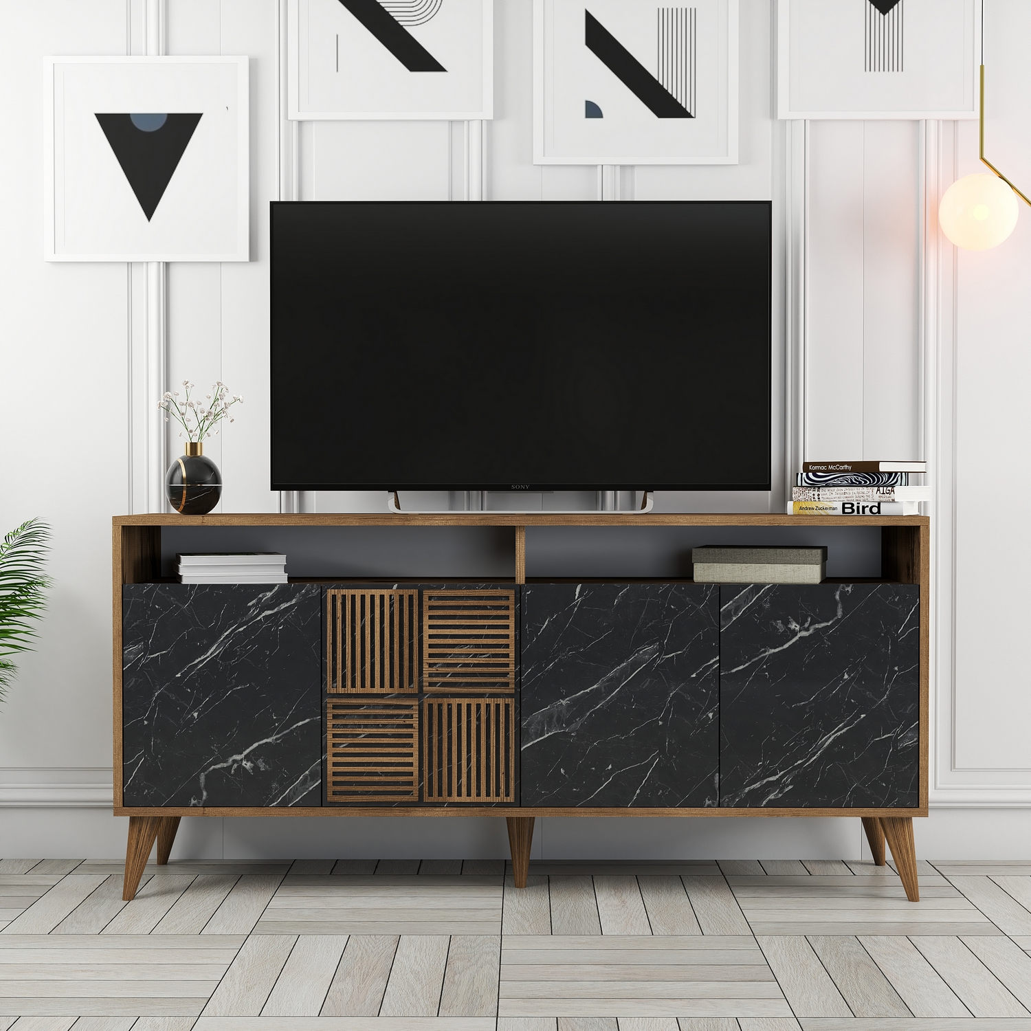 Milan Sideboard Walnussbraun Marmoroptik Schwarz 160cm