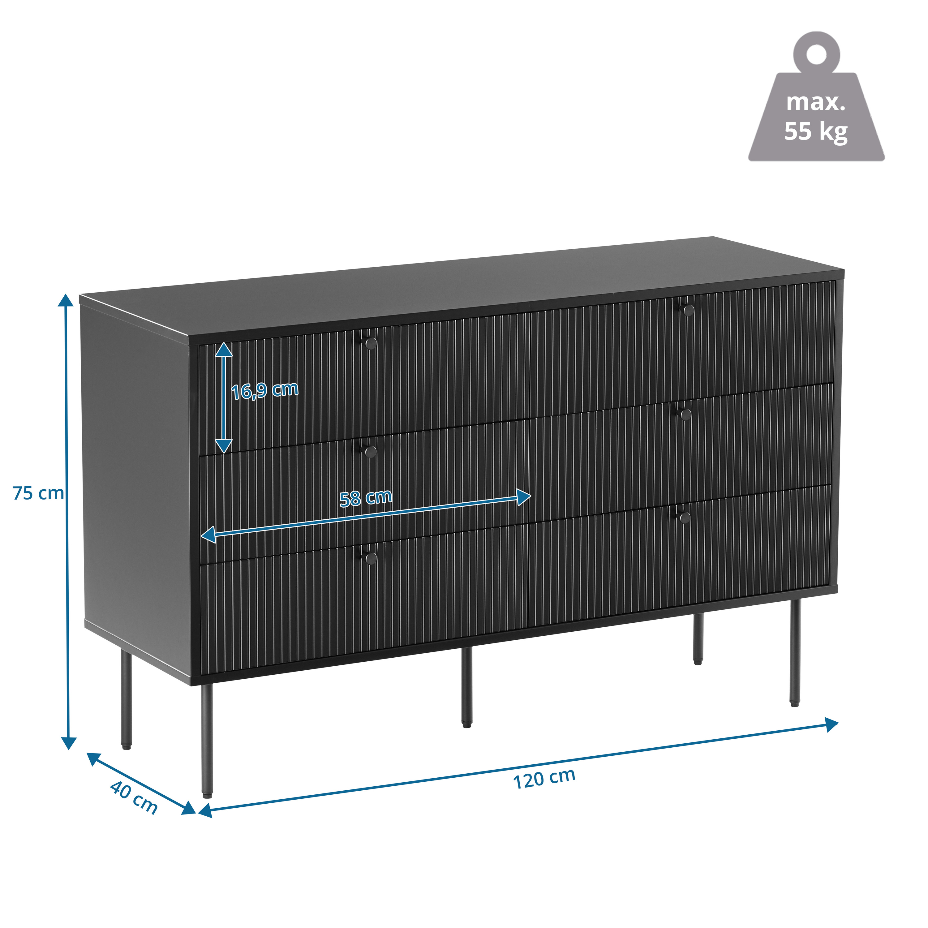 Karby S Sideboard mit 6 Schubladen Schwarz