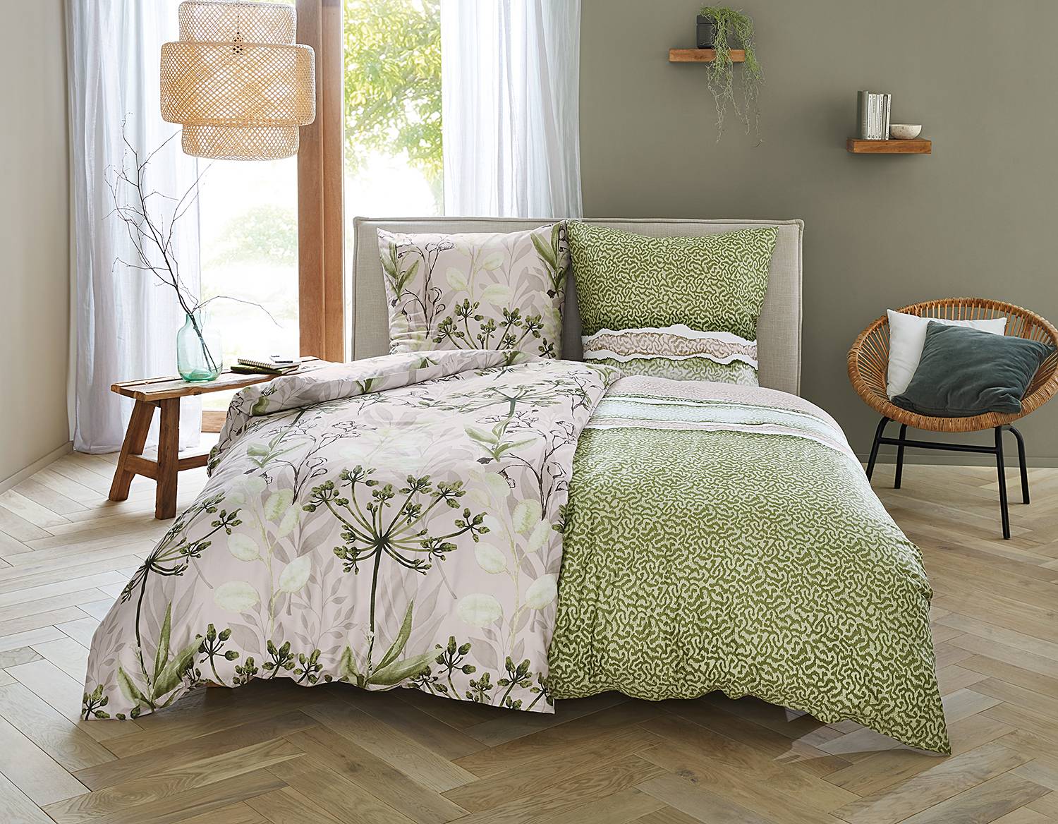 Lukardis Bettwäsche Baumwollsatin Olivgrün Beige 155x220cm