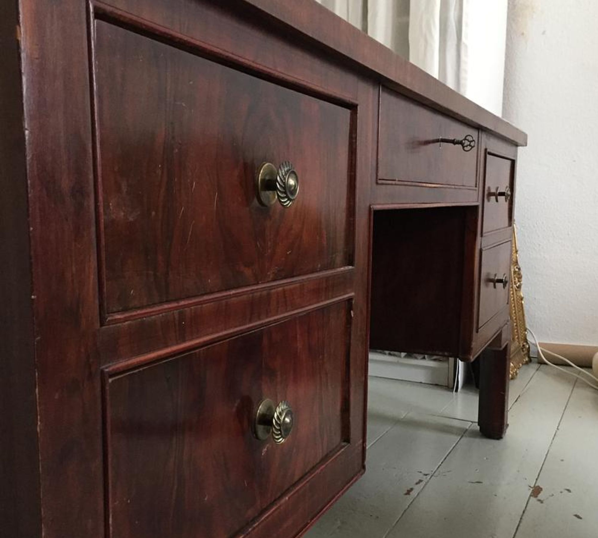 Vintage Schreibtisch Holz Glas Braun