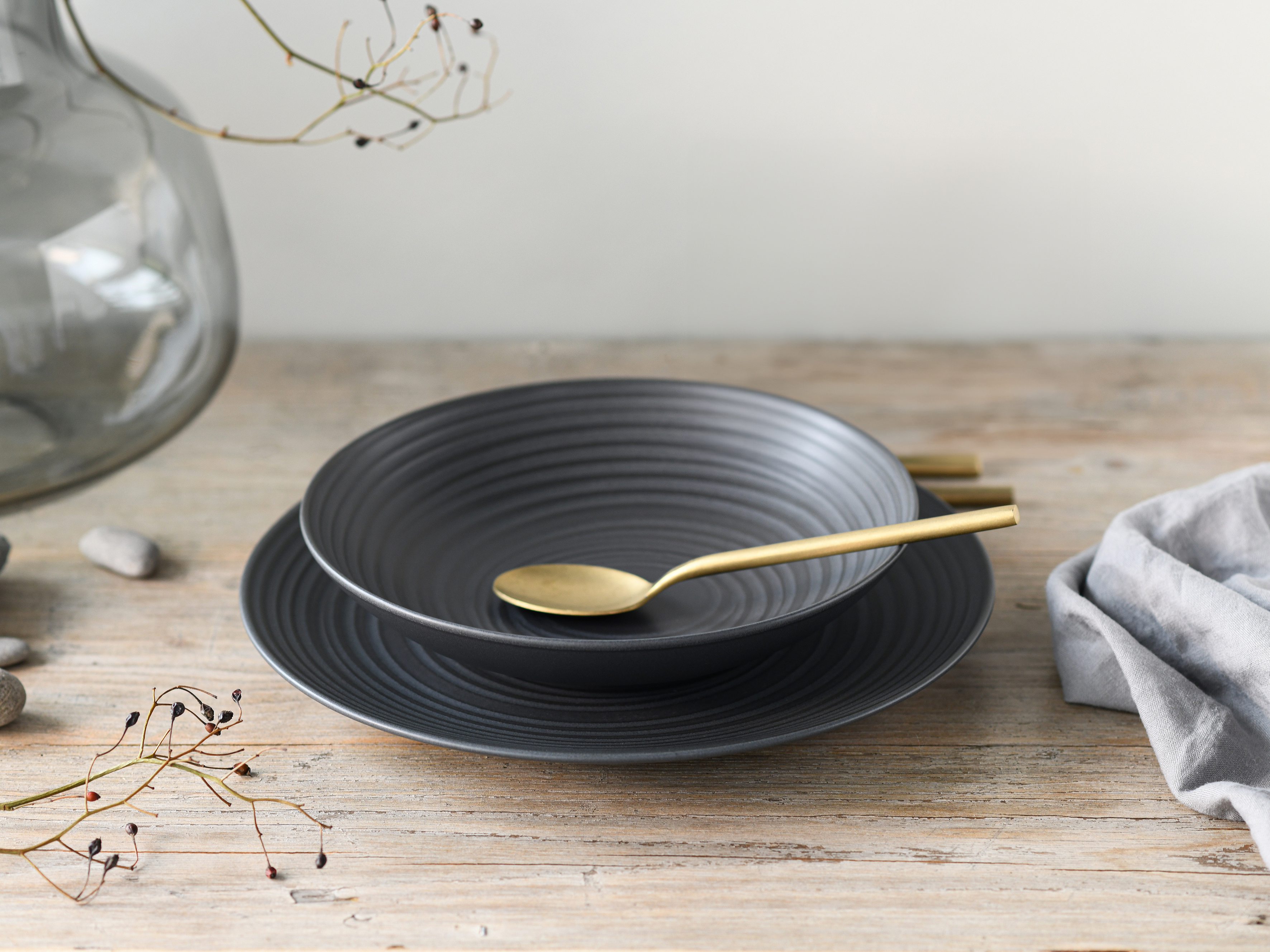 24x Kombiservice Lava Stone Keramik Schwarz