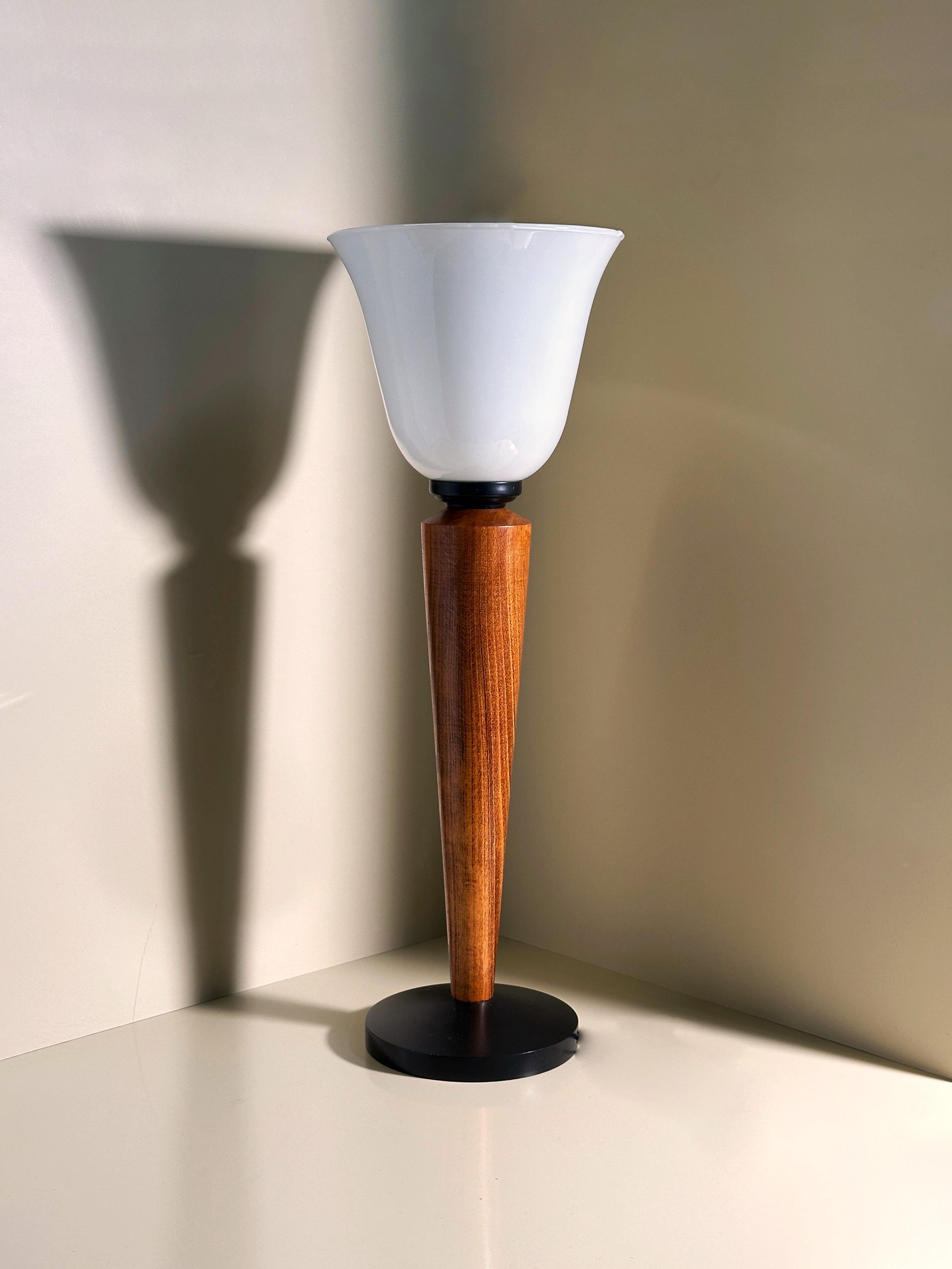 2x Vintage Art Deco Tischlampe Milchglas Holz 1980er Jahre