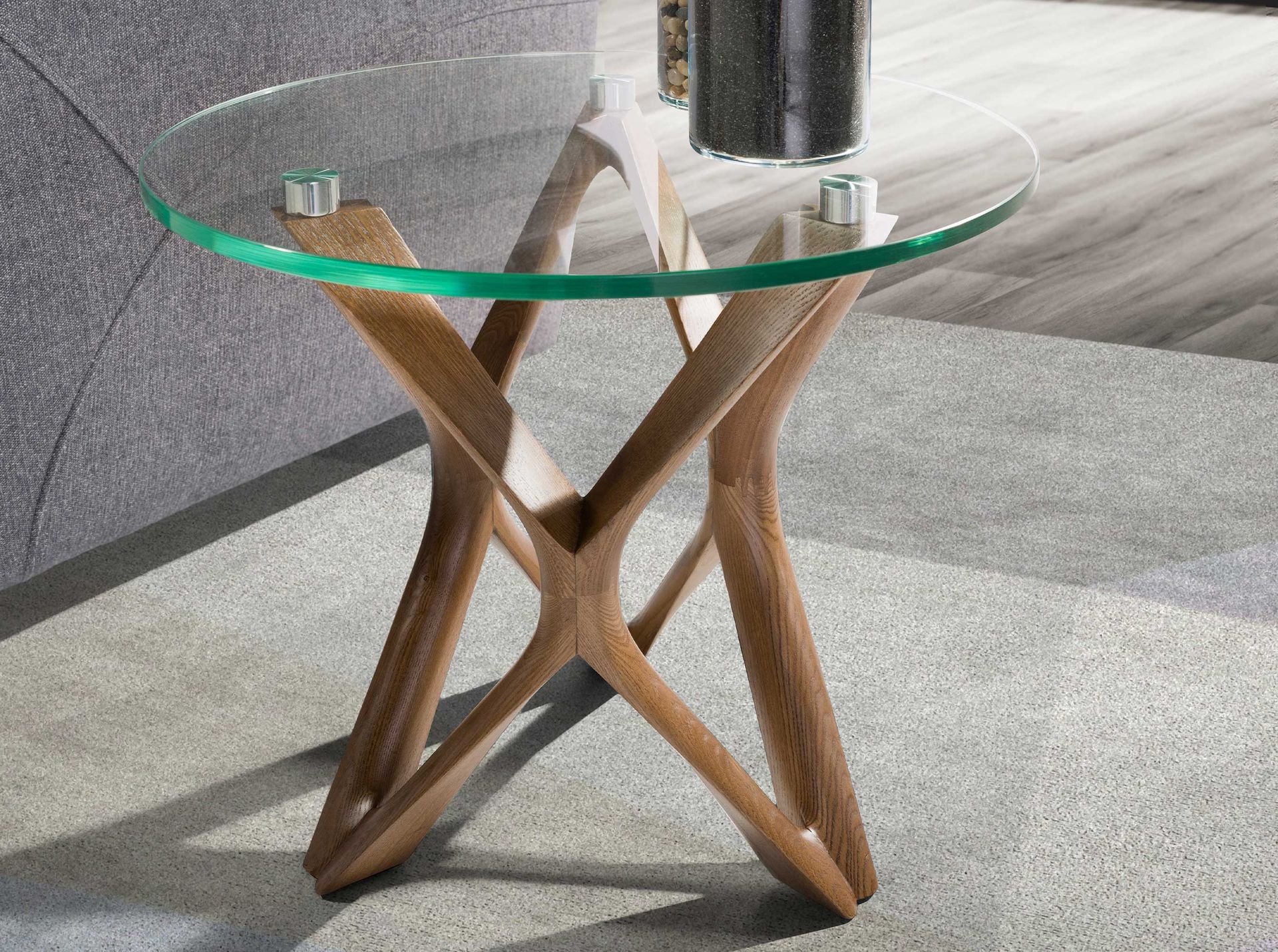 Round side table Walnut veneer Glass