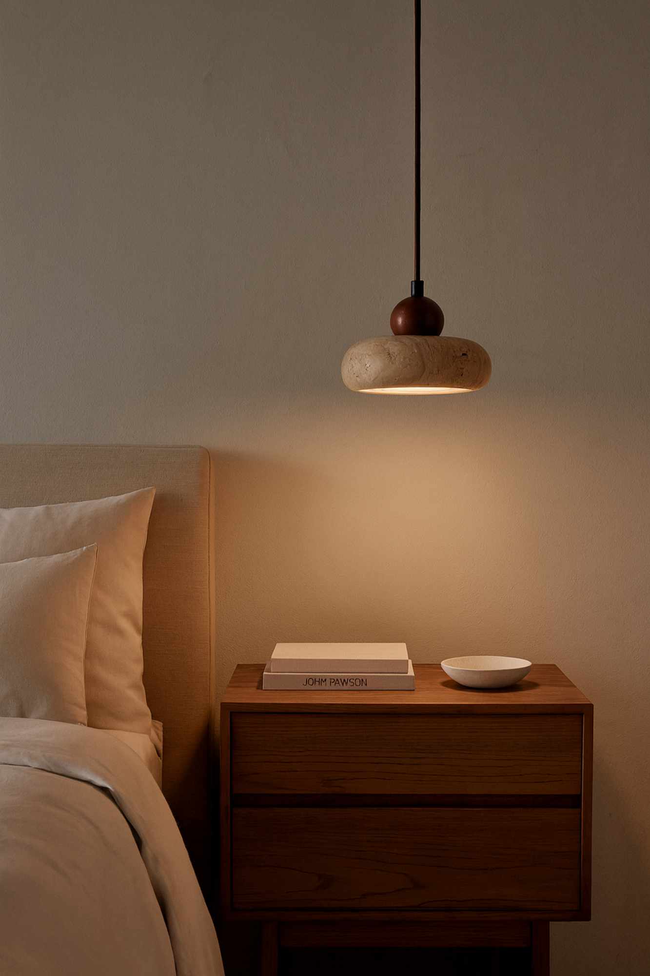 Round Pendant Light Walnut Wood Travertine Brown