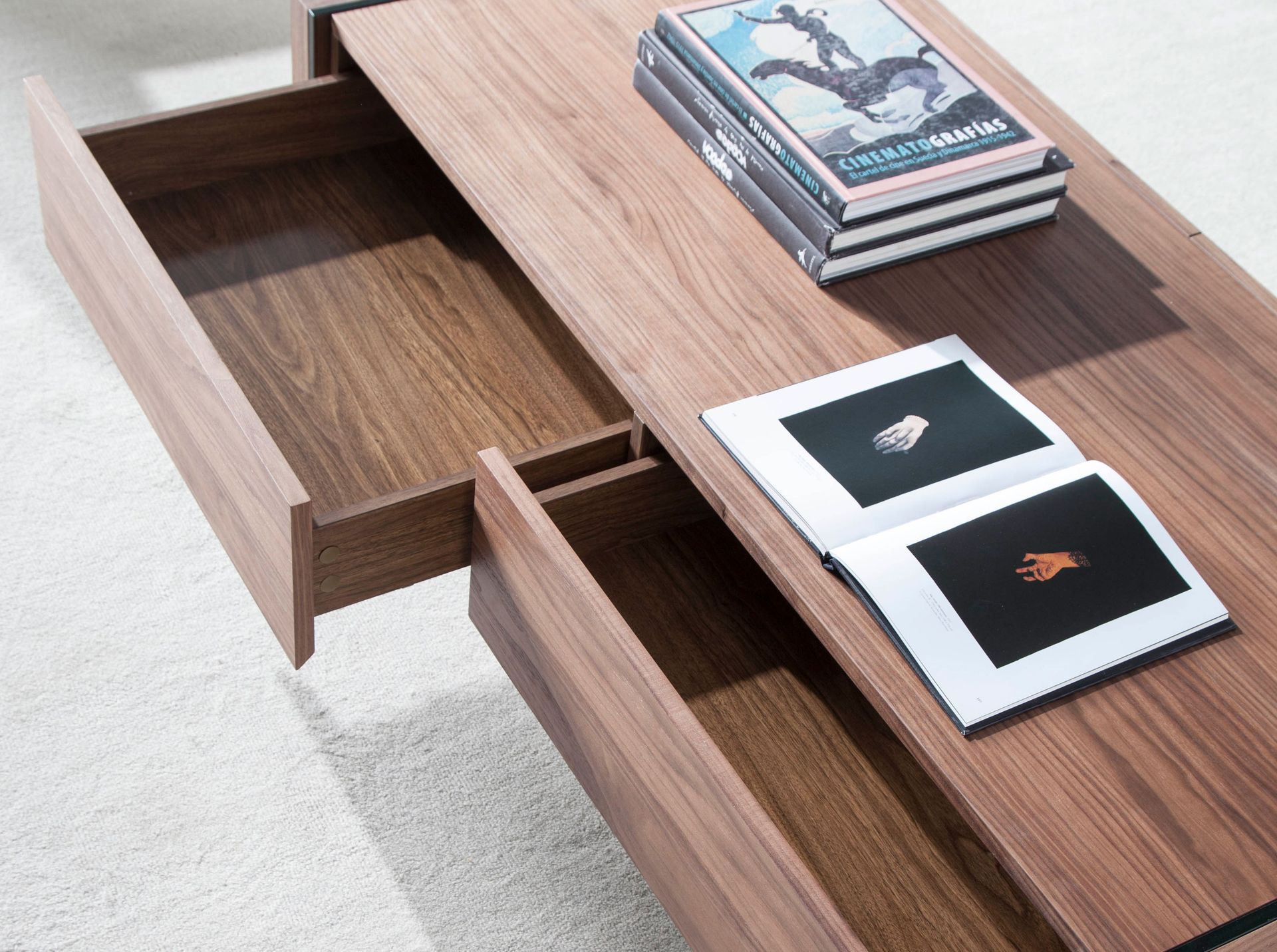 Rectangular coffee table walnut glass