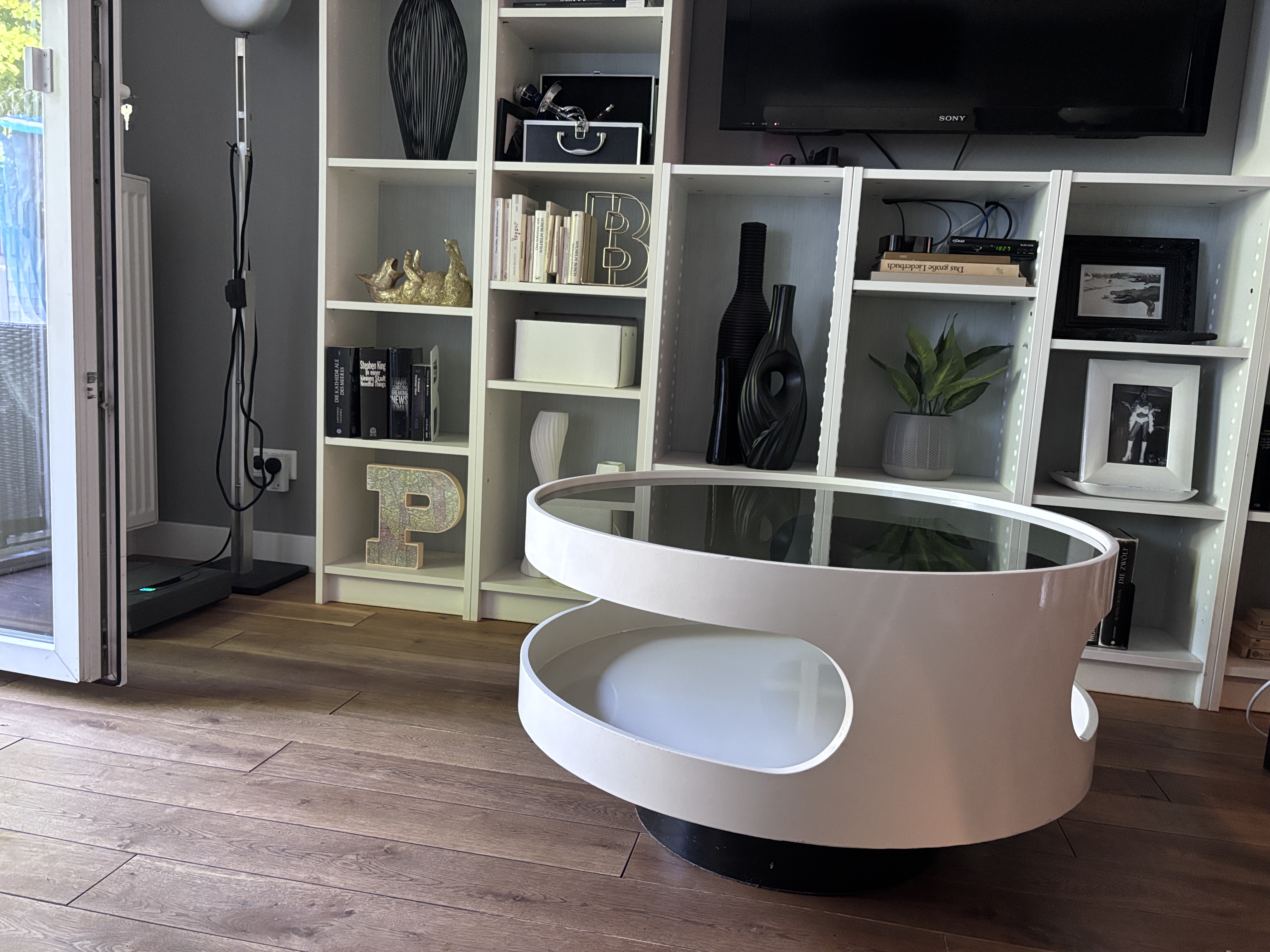 Vintage Space Age Runder Couchtisch Glas Weiß 80cm