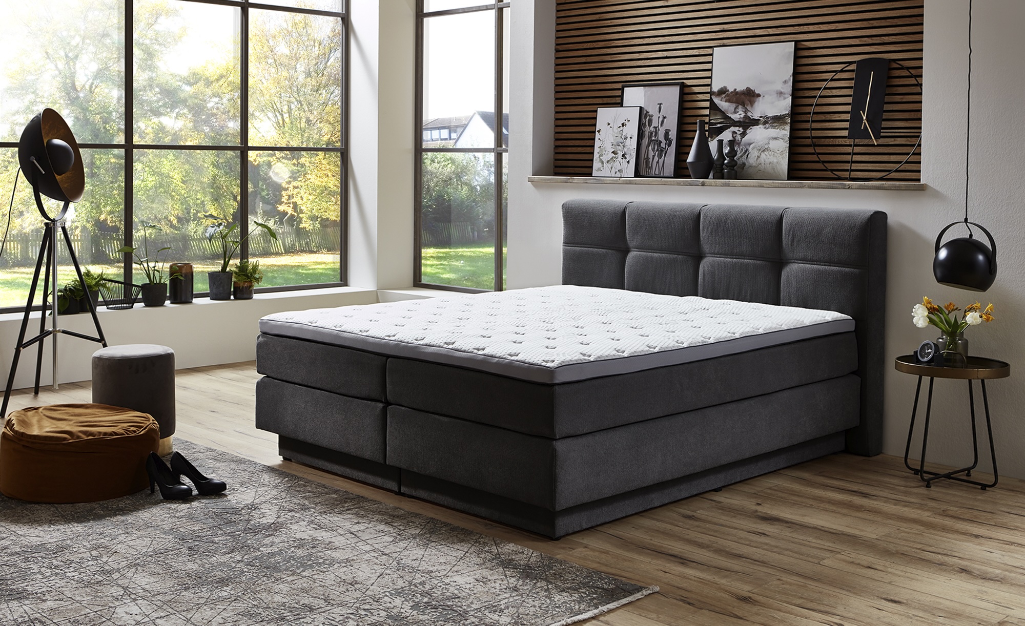 Chicago Boxspringbett mit Bettkasten & Topper Grau