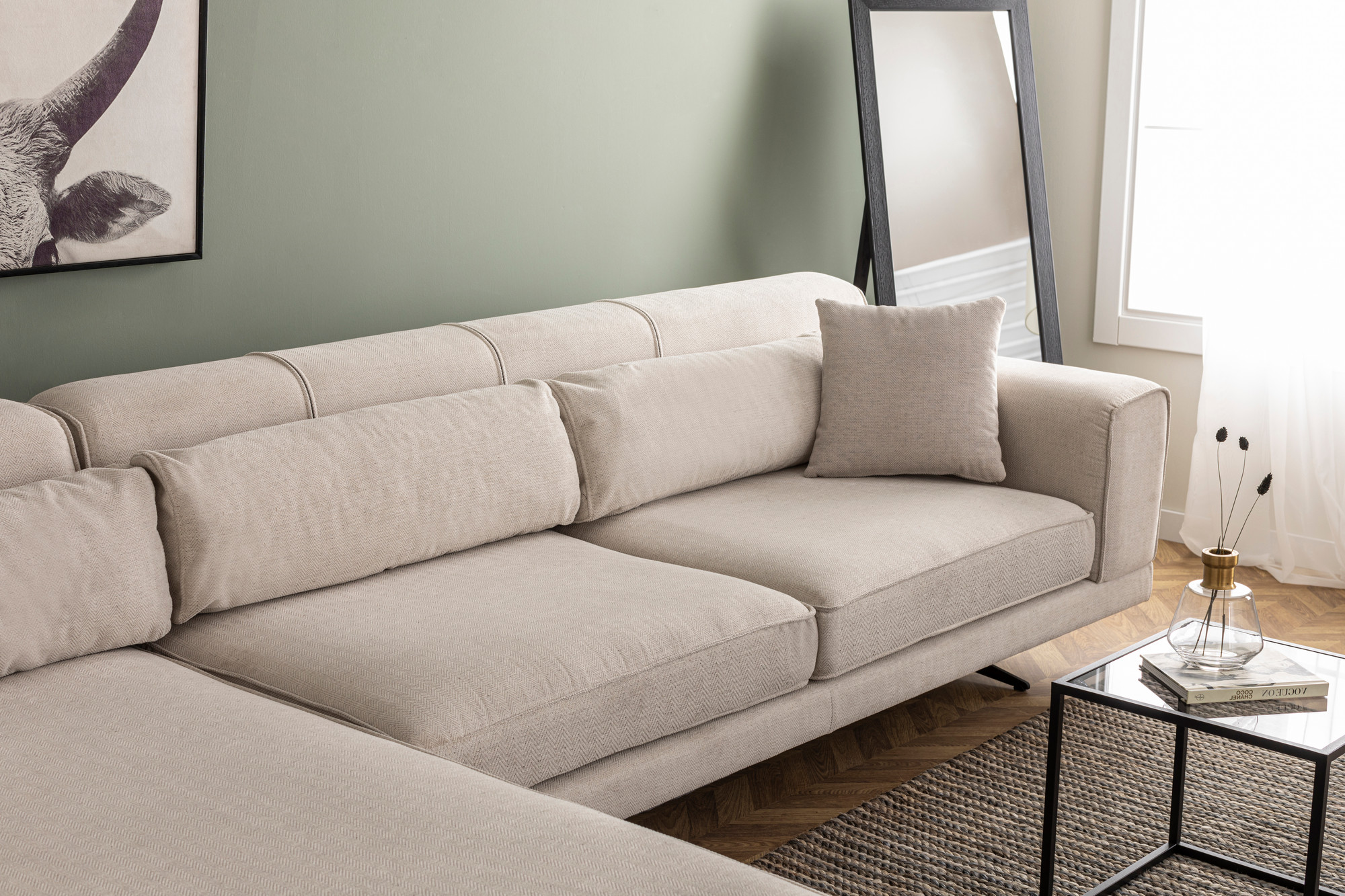 Sofa Récamiere Links Polyester Holz Beige