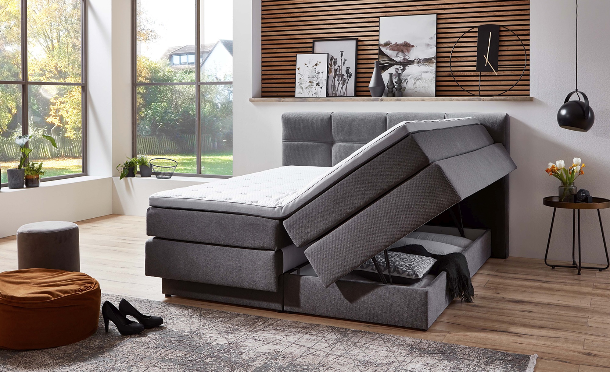 Chicago Boxspringbett mit Bettkasten & Topper Grau