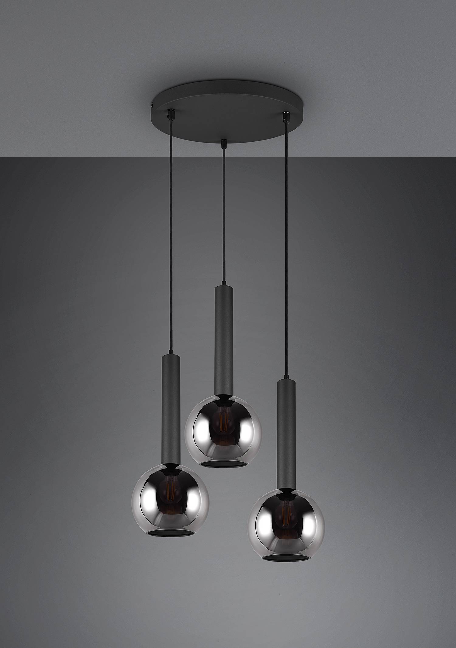Clayton Pendelleuchte Rauchglas Eisen 3-flammig