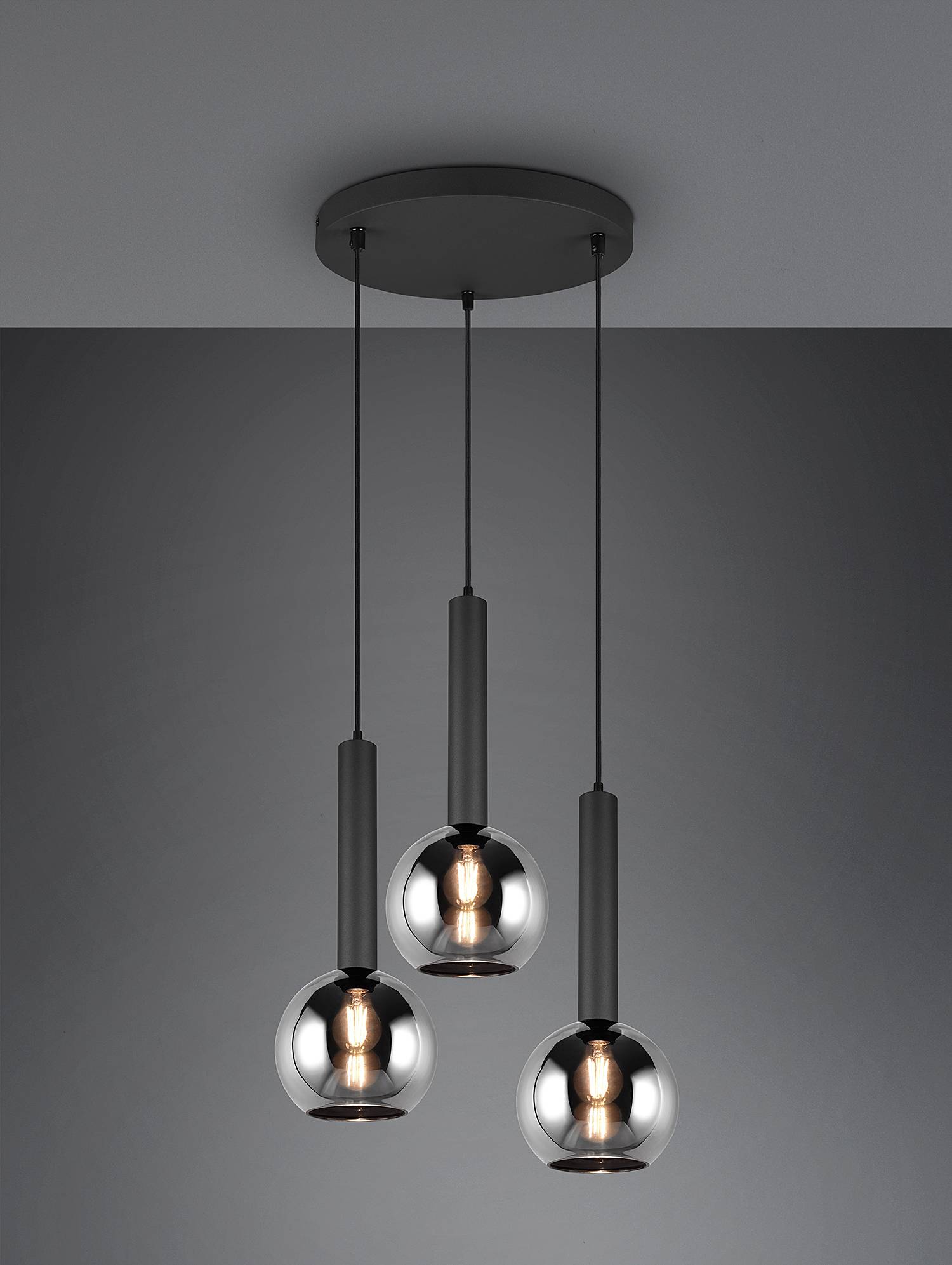 Clayton Pendelleuchte Rauchglas Eisen 3-flammig