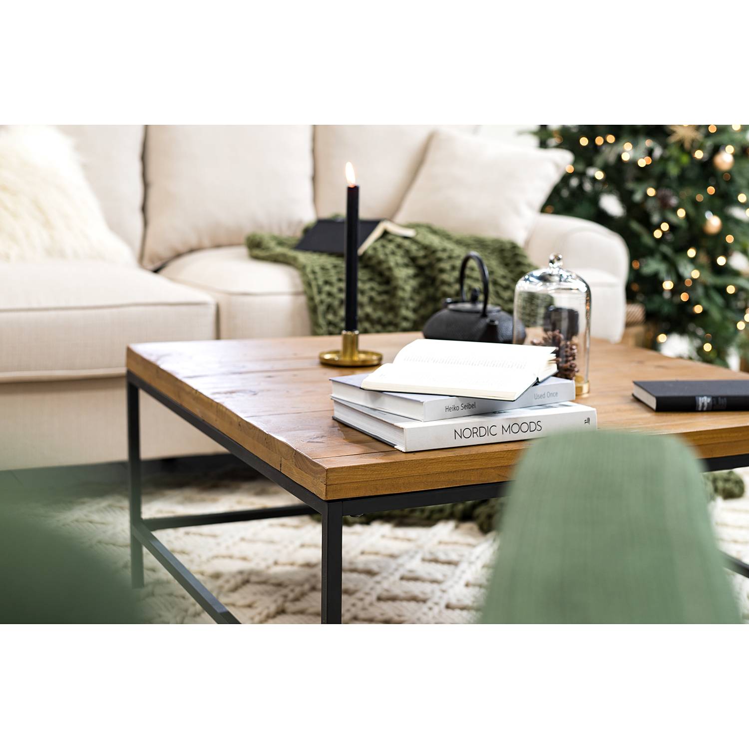 Coffee table GRASBY Solid pine Metal Dark pine Black