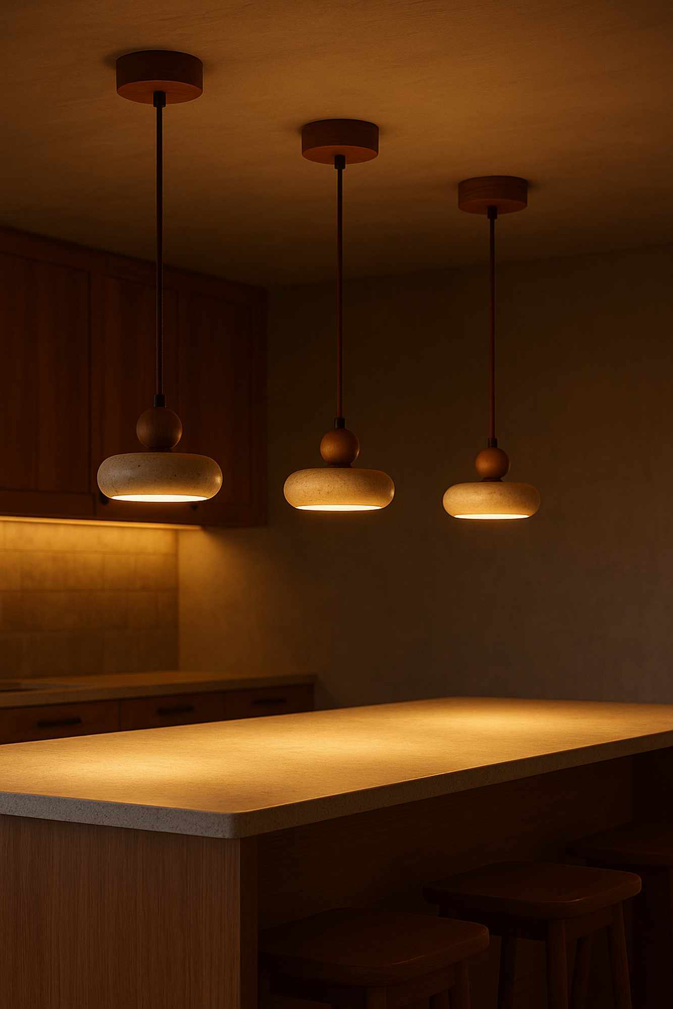 Round Pendant Light Walnut Wood Travertine Brown