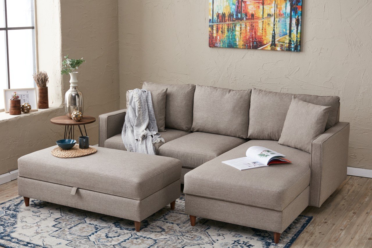 Eva Sofa Récamiere Rechts mit Hocker Creme