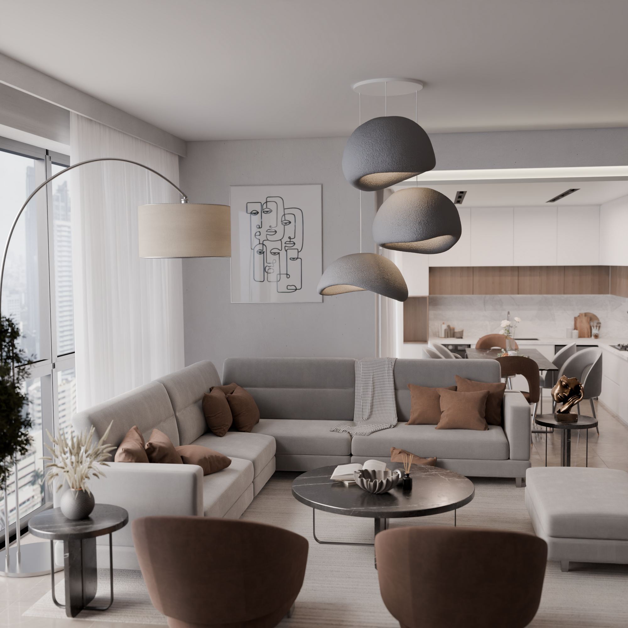 3-Flammig Wabi Sabi Kanso Beams Pendelleuchte Beton Grau